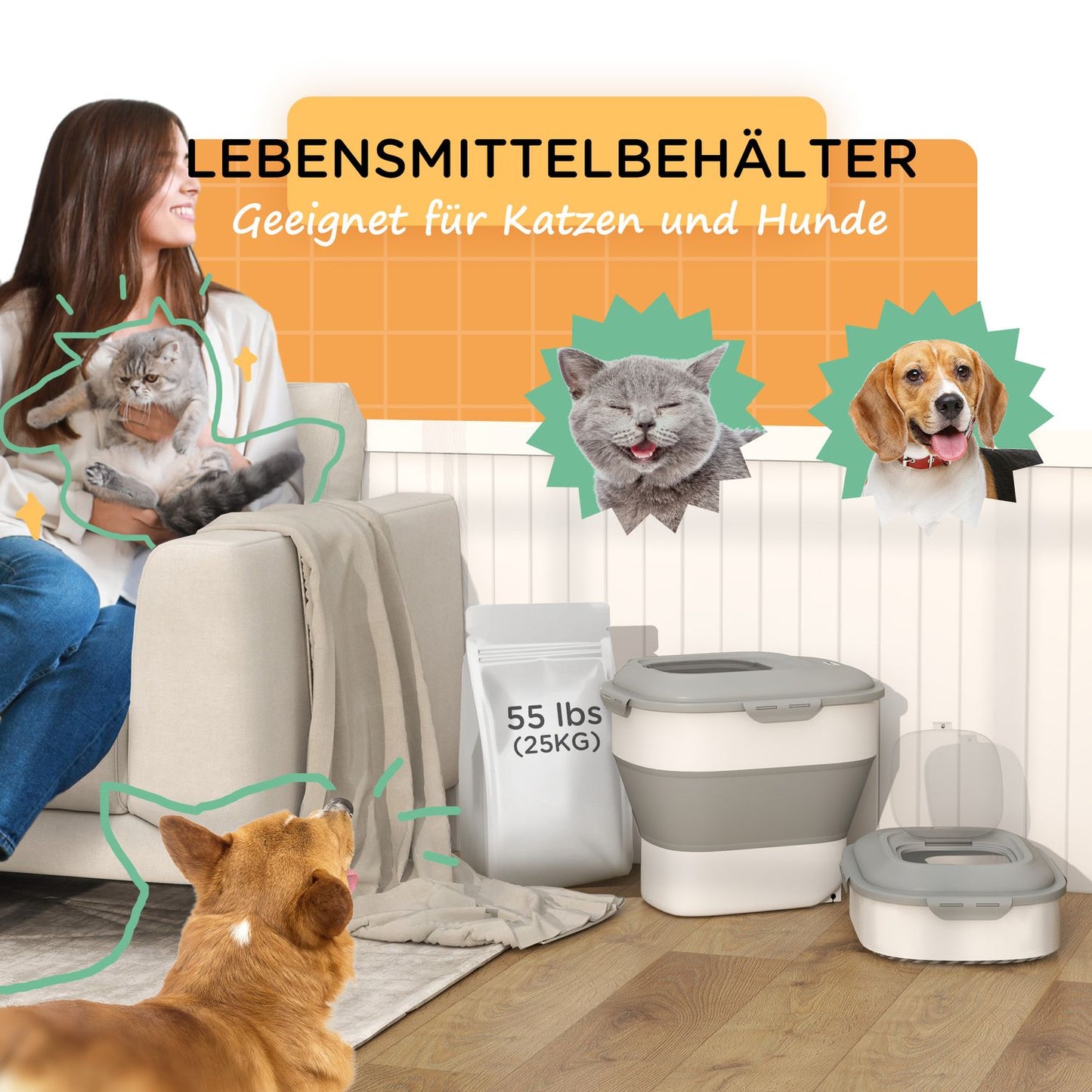 Dog food container, 25L, foldable with wheels and lid