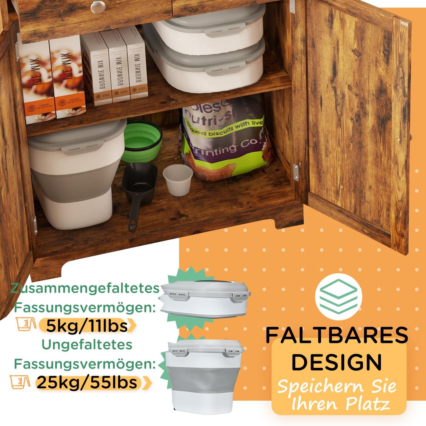 Dog food container, 25L, foldable with wheels and lid