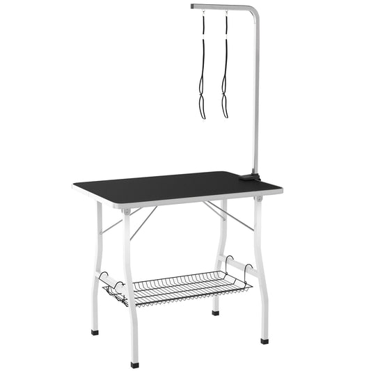 Height-adjustable dog grooming table, foldable with lifting straps