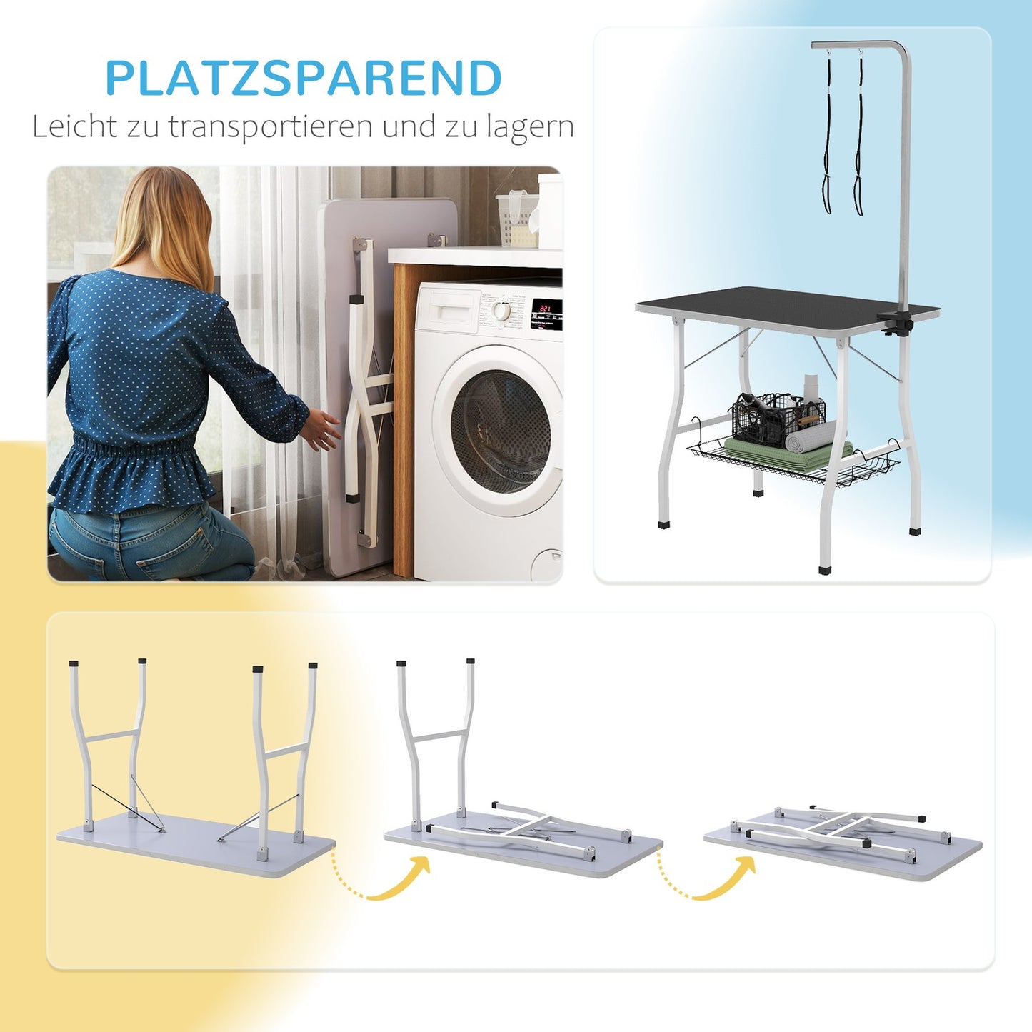 Height-adjustable dog grooming table, foldable with lifting straps