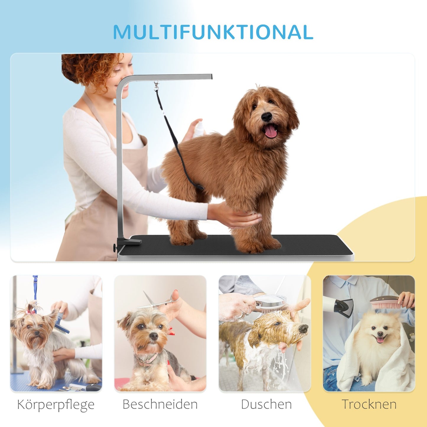 Height-adjustable dog grooming table, foldable with lifting straps
