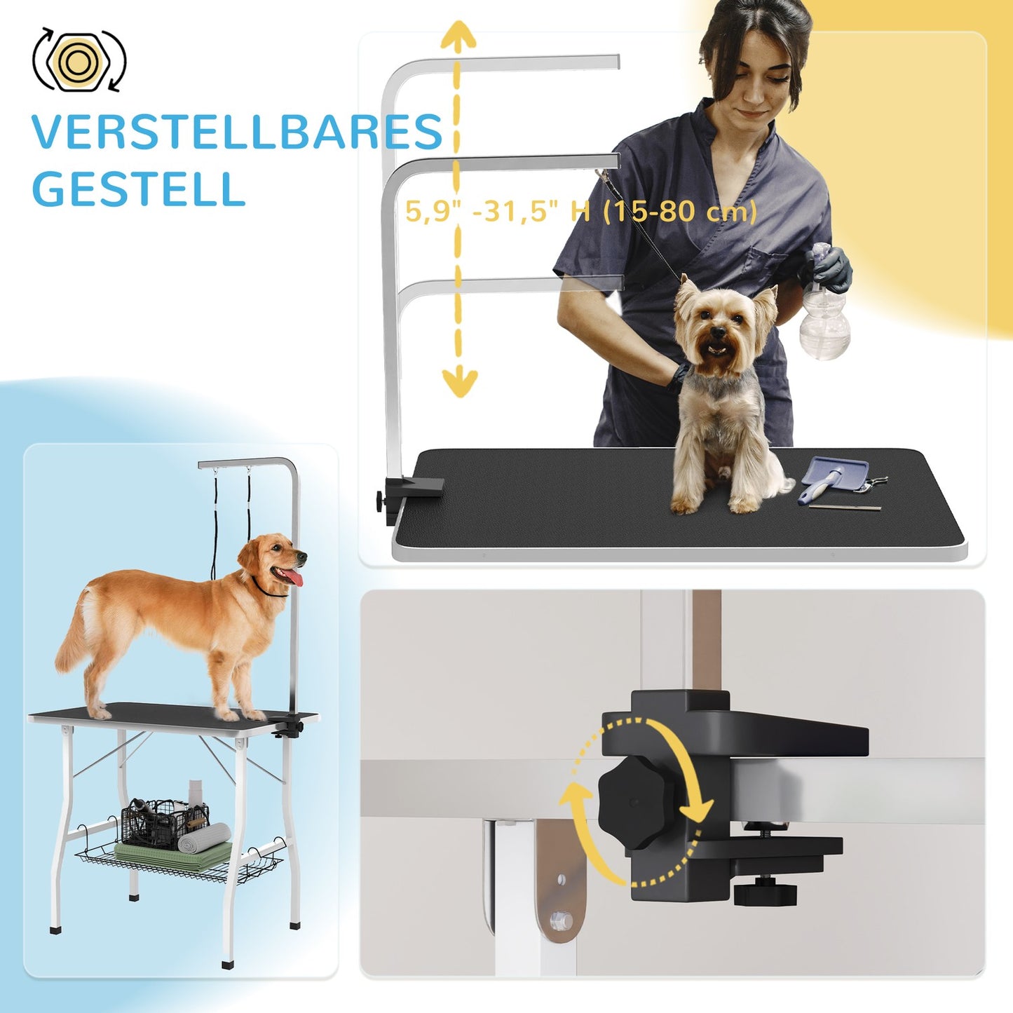 Height-adjustable dog grooming table, foldable with lifting straps