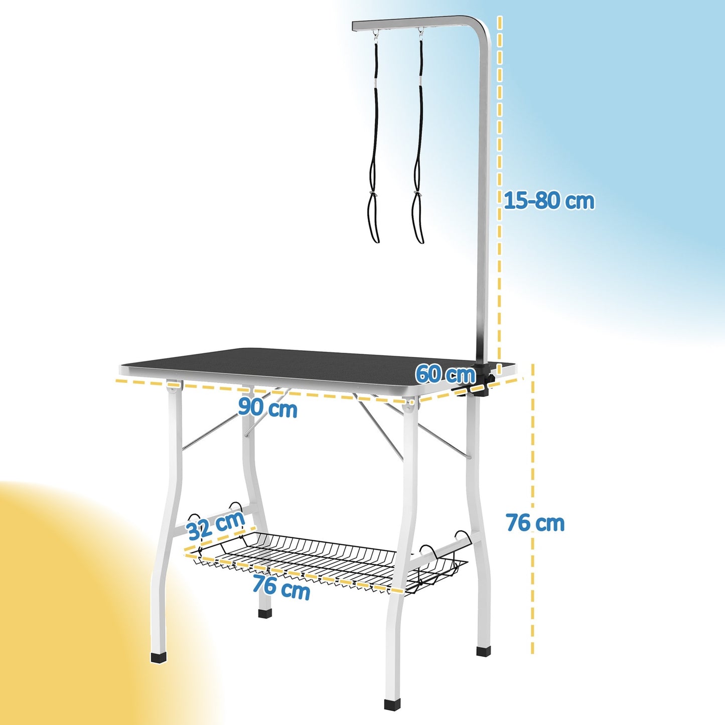 Height-adjustable dog grooming table, foldable with lifting straps