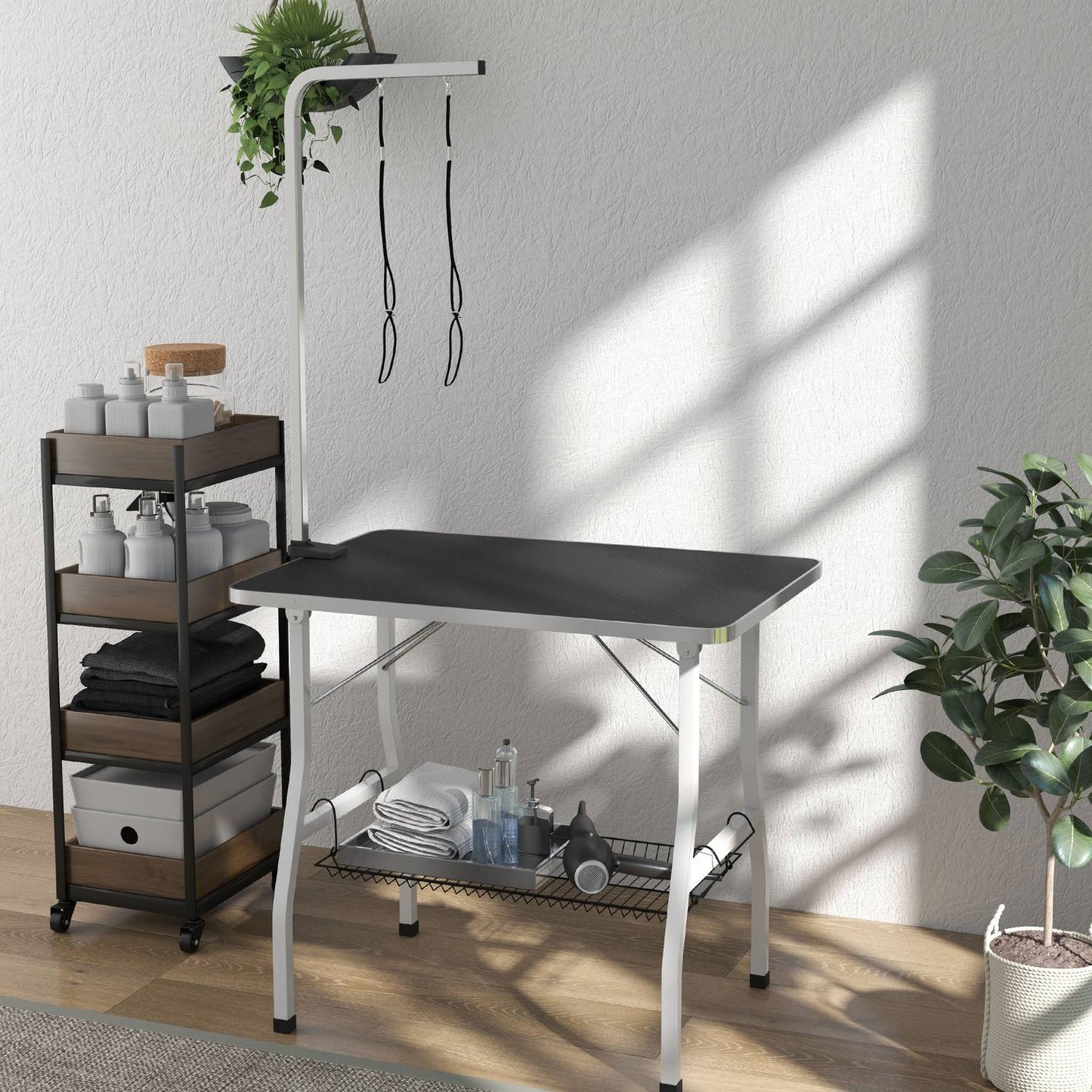 Height-adjustable dog grooming table, foldable with lifting straps