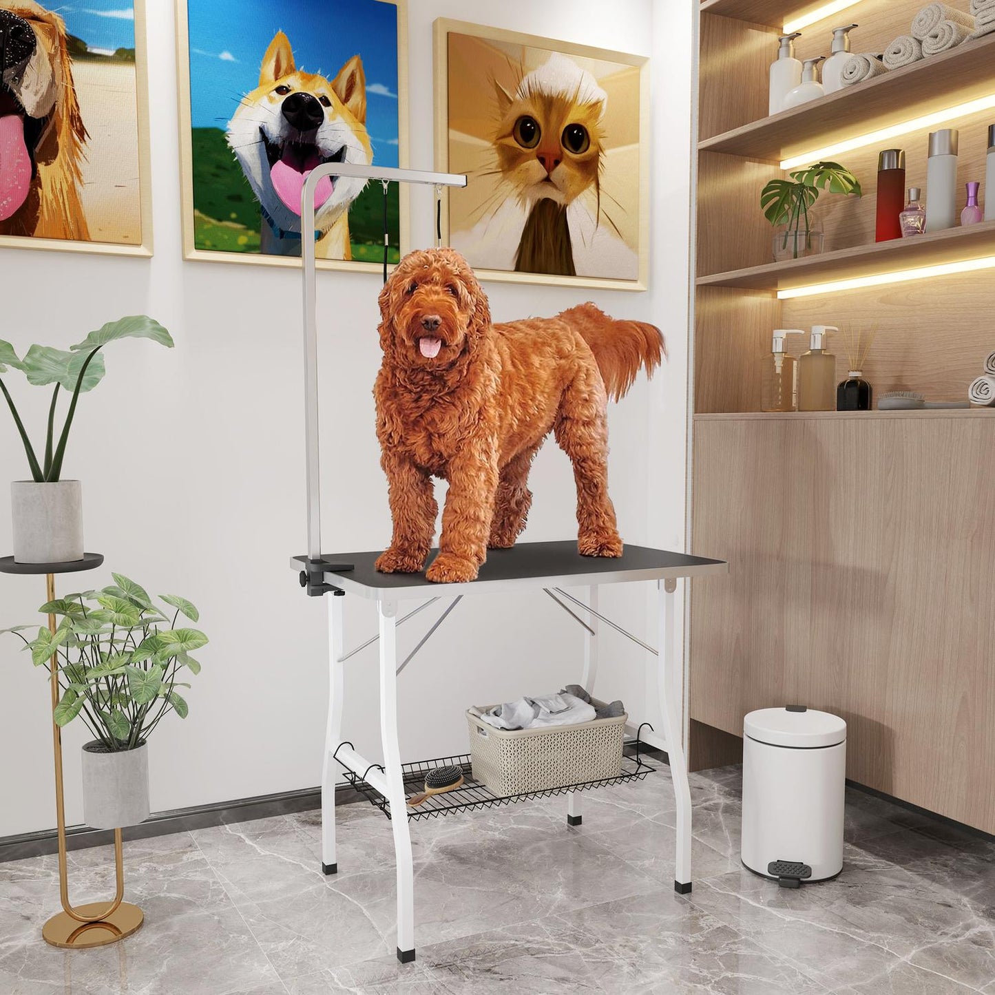 Height-adjustable dog grooming table, foldable with lifting straps