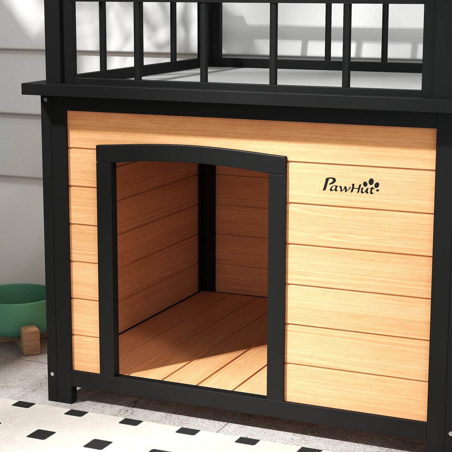 Dog house with balcony and stairs - spruce wood, yellow
