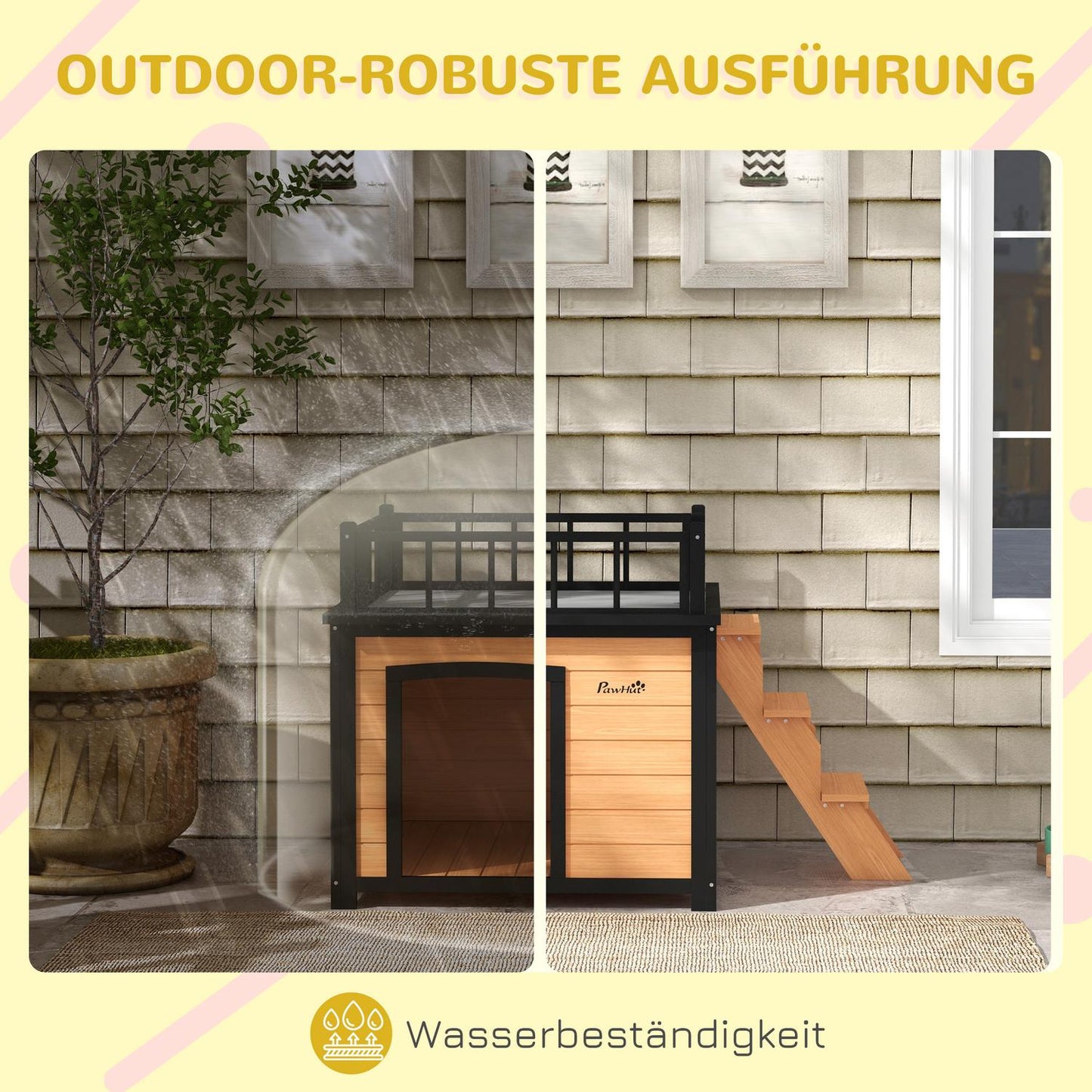 Dog house with balcony and stairs - spruce wood, yellow