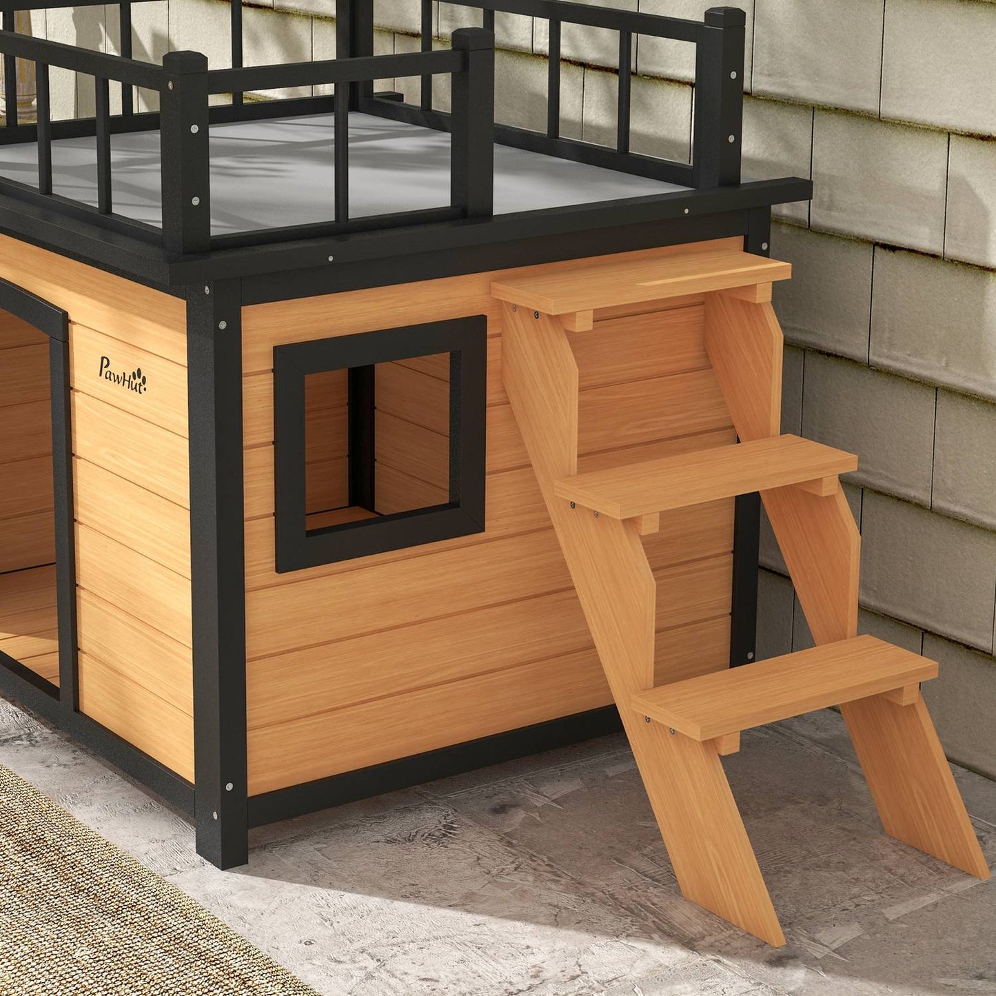 Dog house with balcony and stairs - spruce wood, yellow