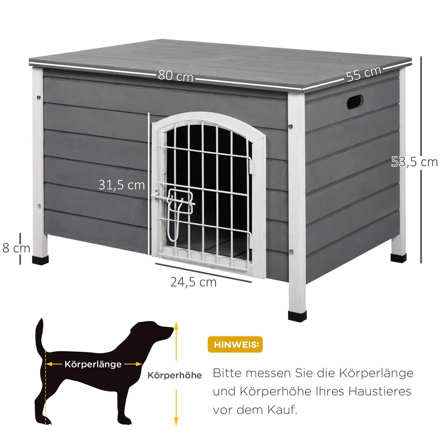 Waterproof outdoor dog house with door, gray spruce wood