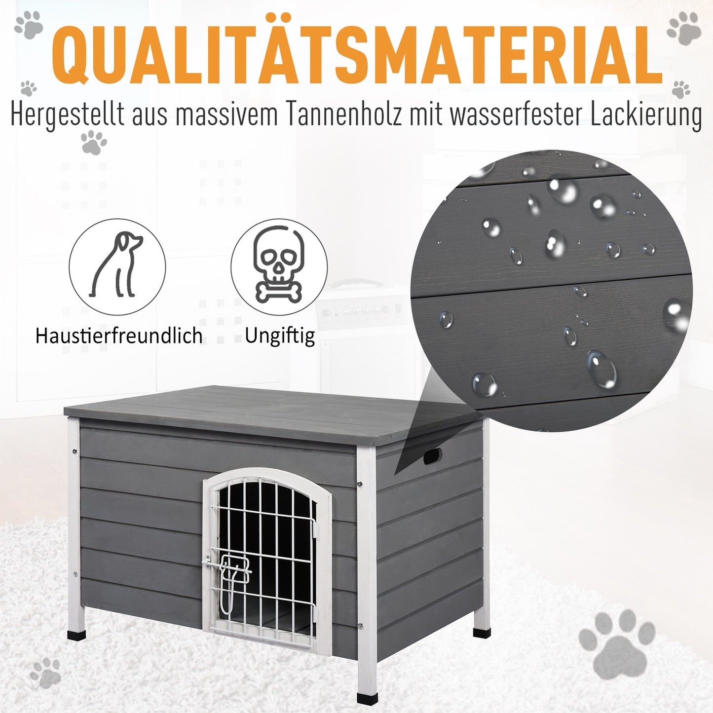 Waterproof outdoor dog house with door, gray spruce wood