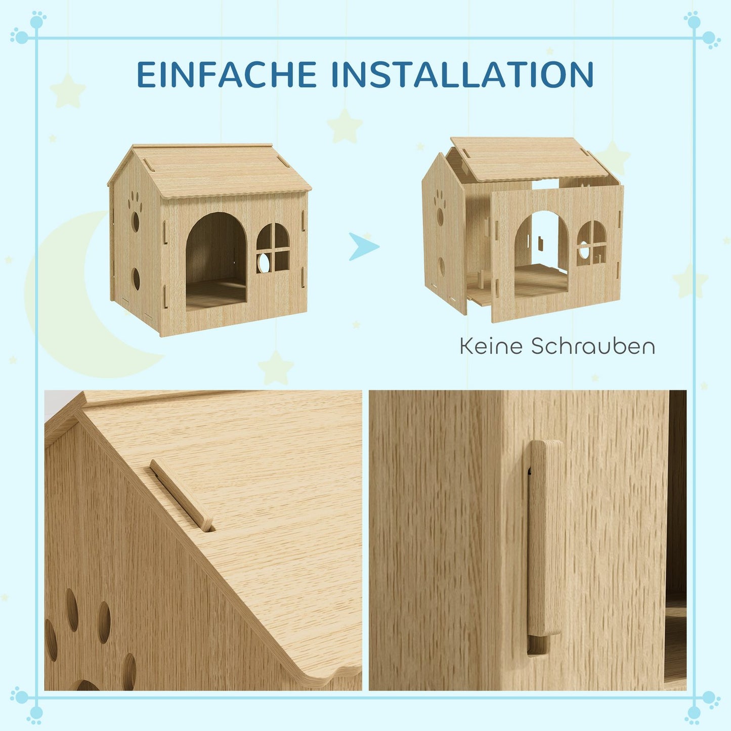 Indoor dog and cat house, oak, screw-free assembly