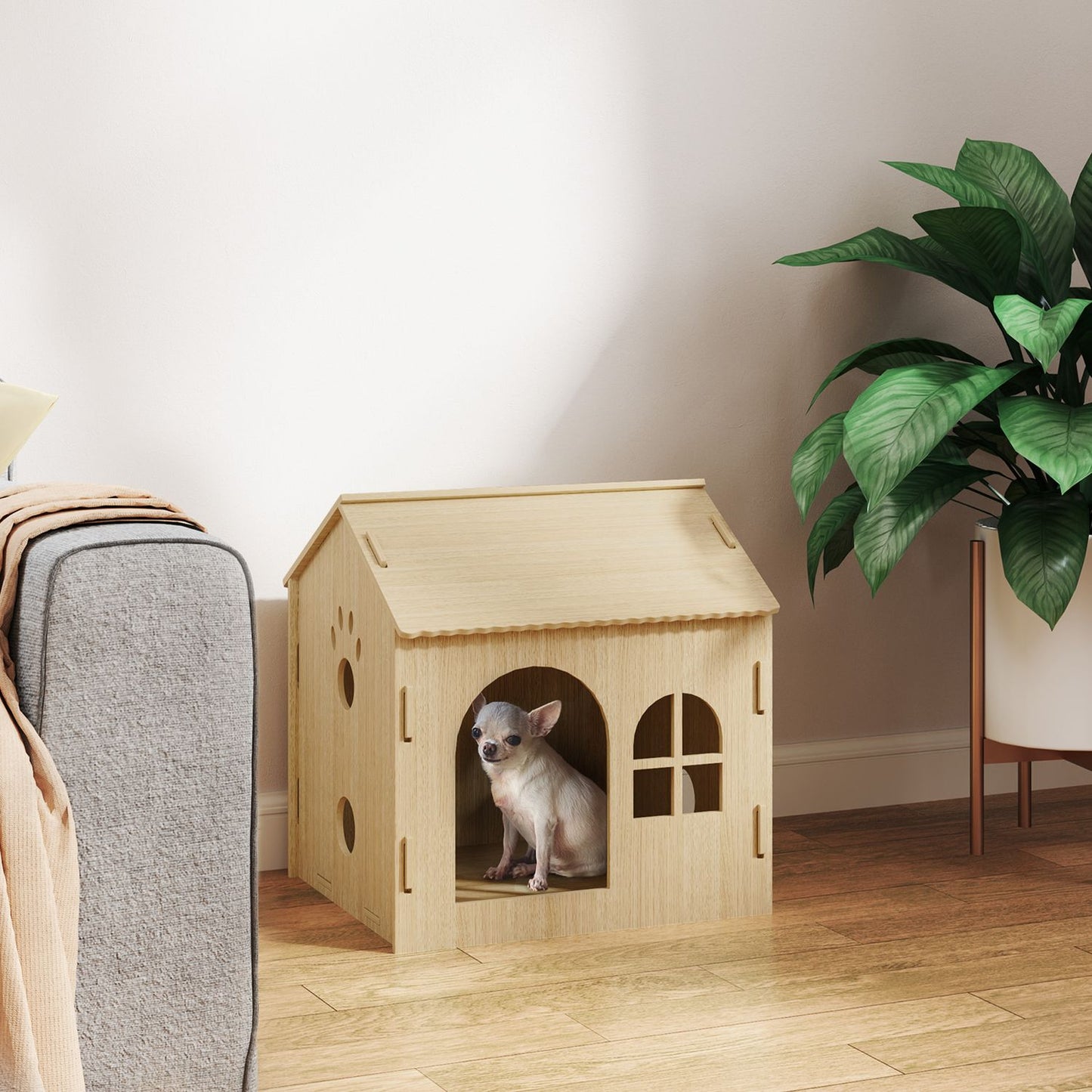 Indoor dog and cat house, oak, screw-free assembly