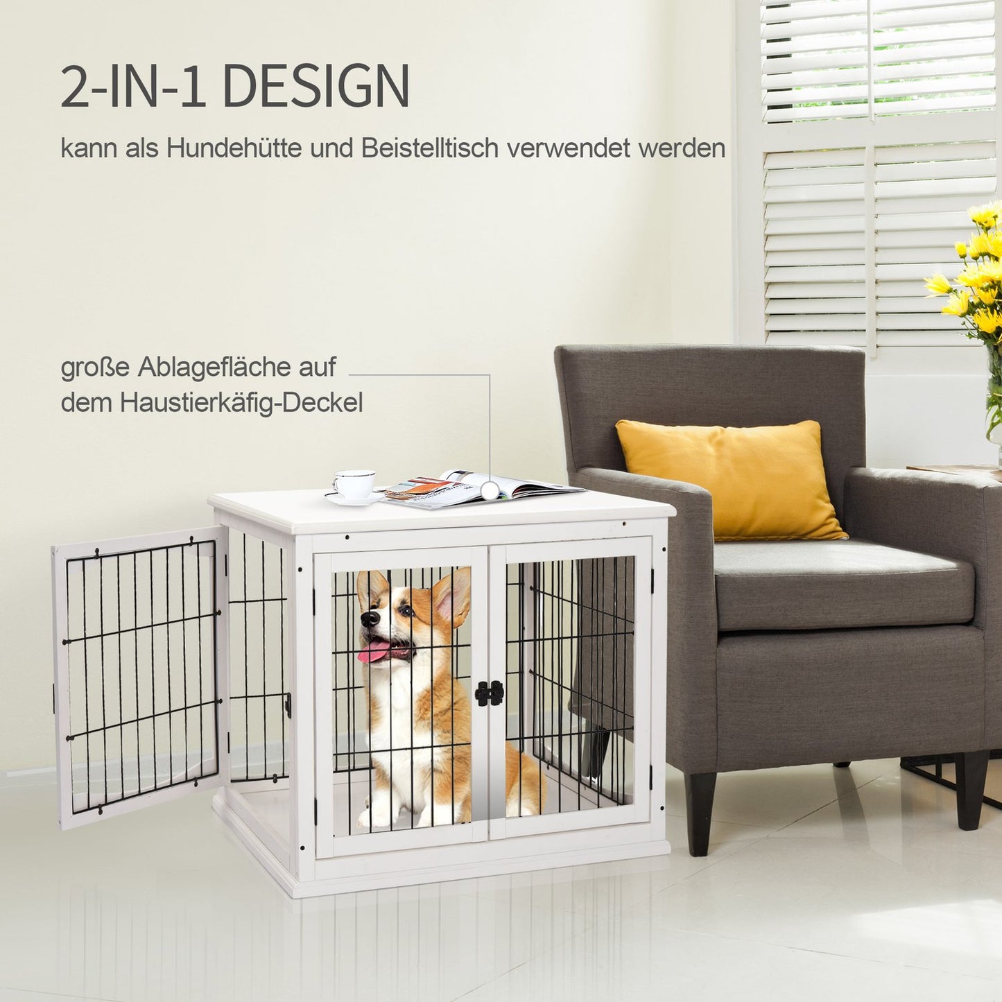 Small dog dog kennel, indoor cage, white 81x58.5x66 cm