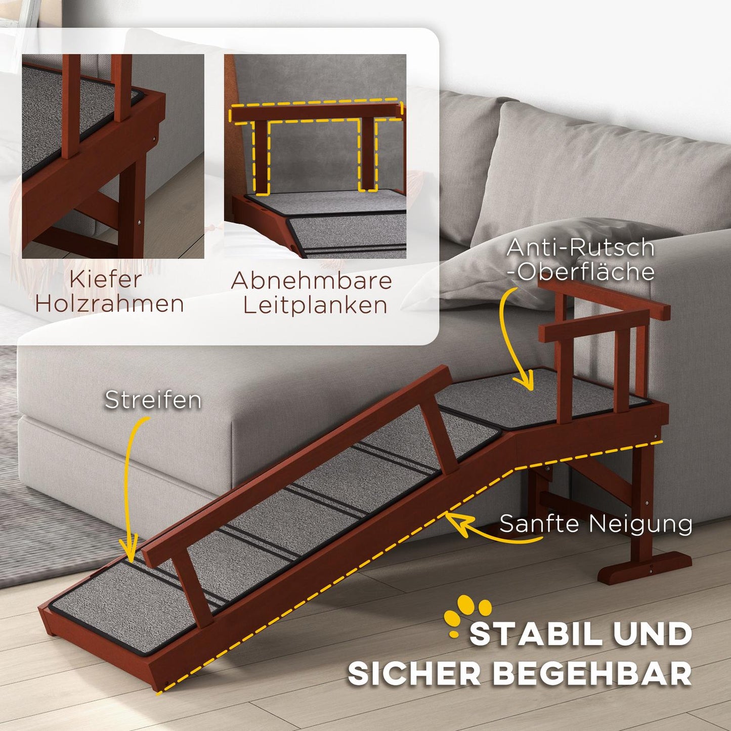 Dog ramp with removable rails, non-slip, supports 30 kg