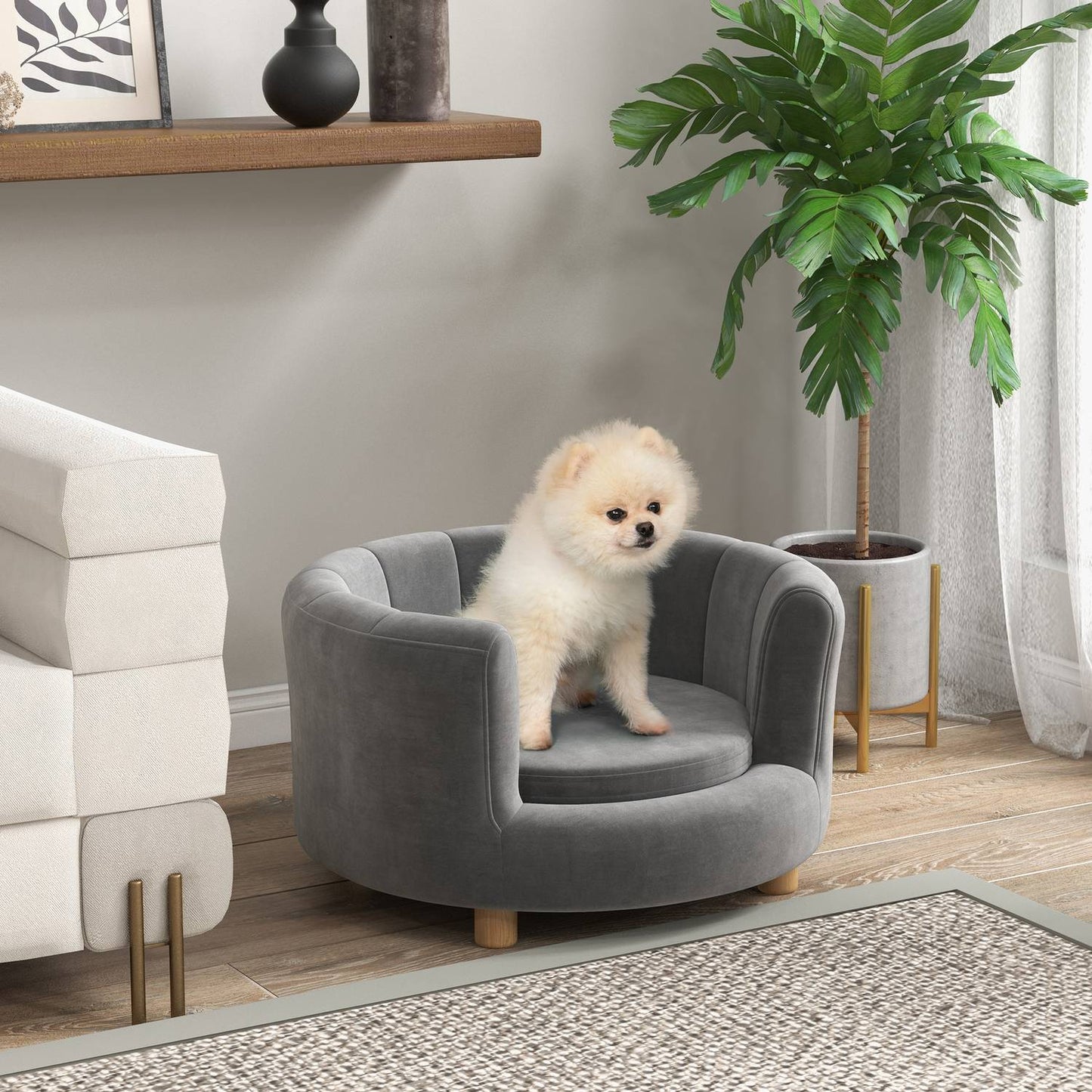Washable gray dog sofa with backrest and wooden legs
