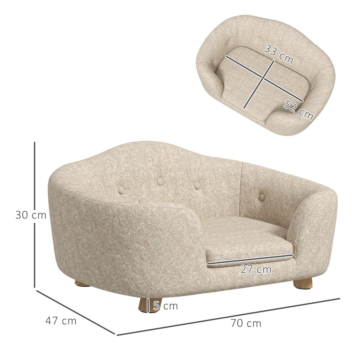 Plush dog sofa with cushion, pine frame, cream white