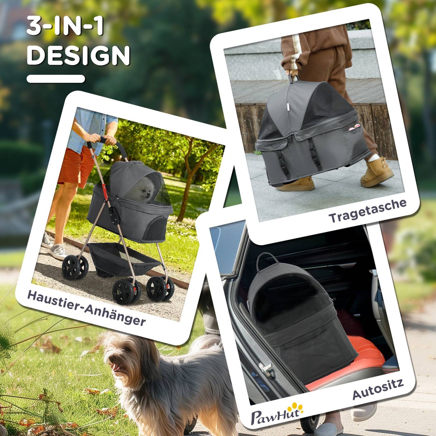 Collapsible 3-in-1 pet stroller with 360° wheels, gray