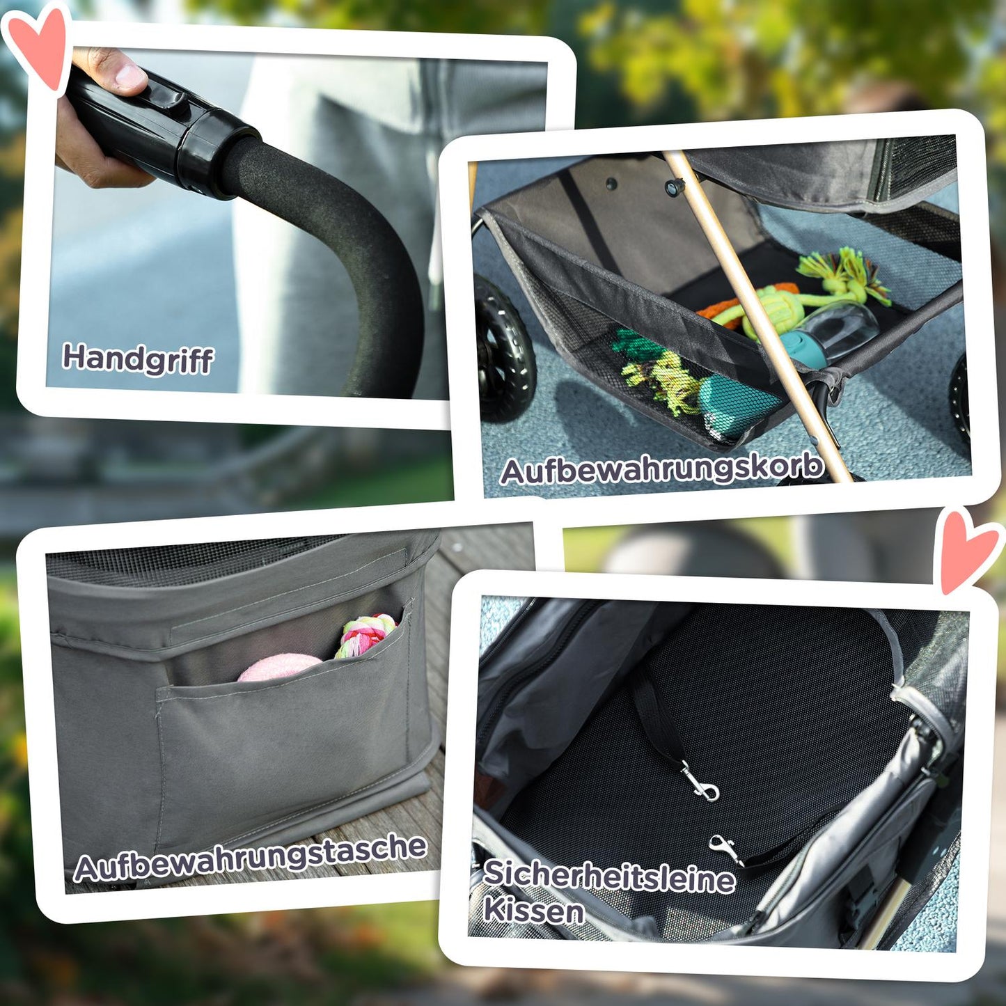 Collapsible 3-in-1 pet stroller with 360° wheels, gray