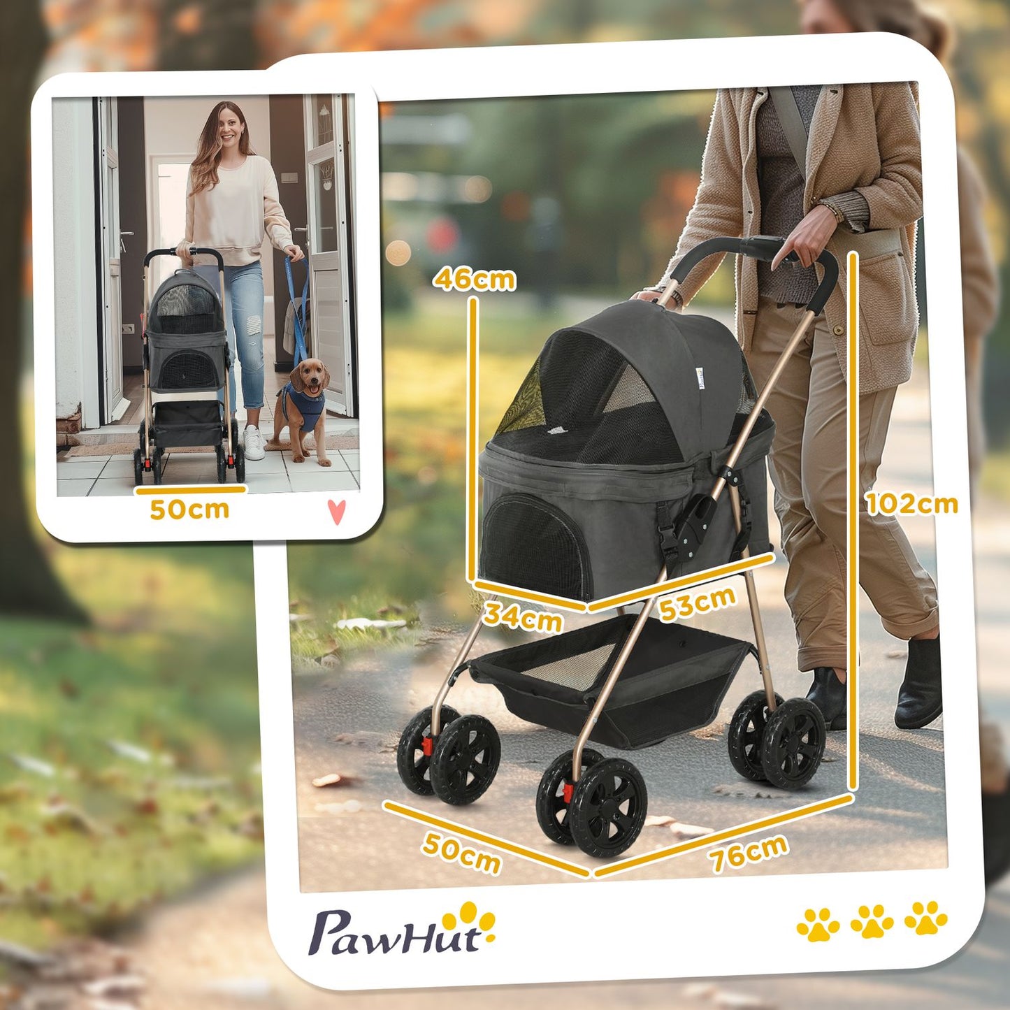 Collapsible 3-in-1 pet stroller with 360° wheels, gray