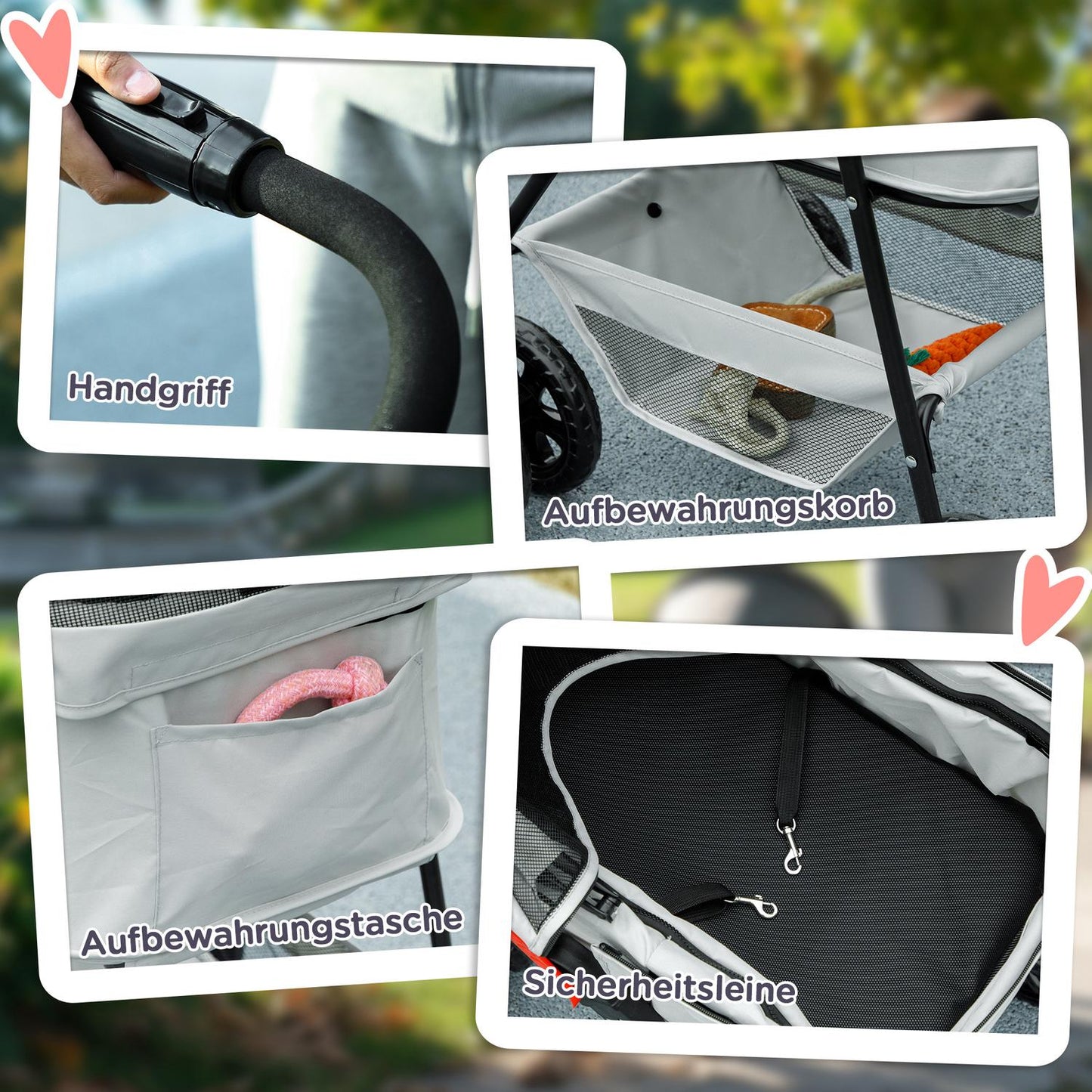 Collapsible 3-in-1 pet stroller with 360° wheels, light grey
