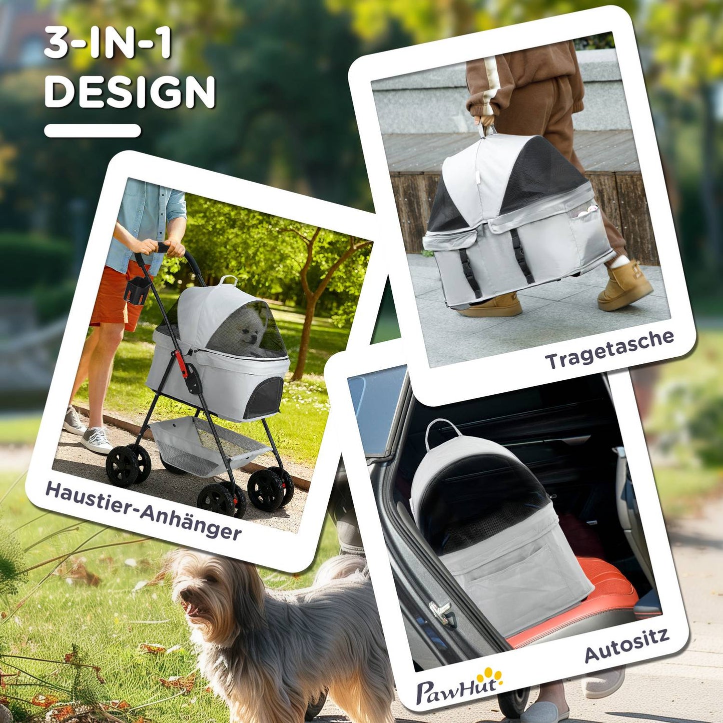 Collapsible 3-in-1 pet stroller with 360° wheels, light grey