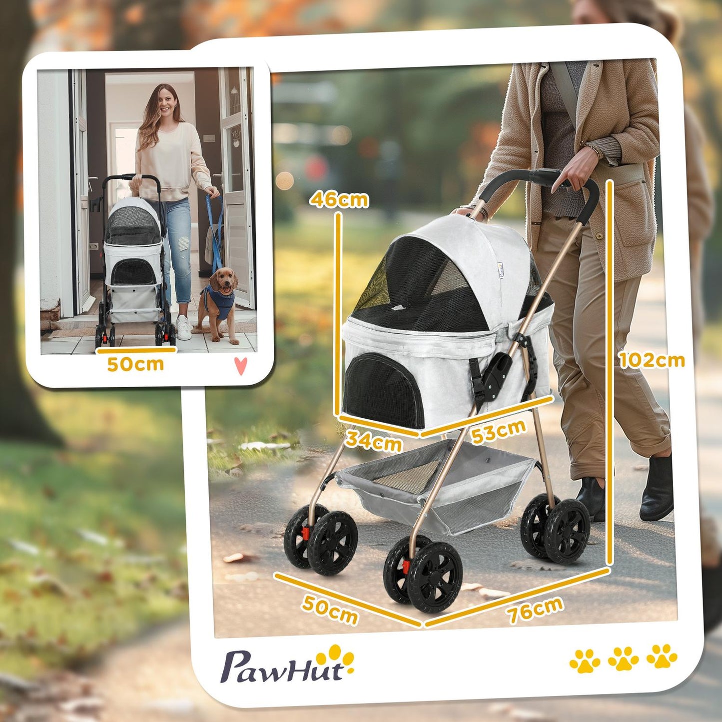 Collapsible 3-in-1 pet stroller with 360° wheels, light grey