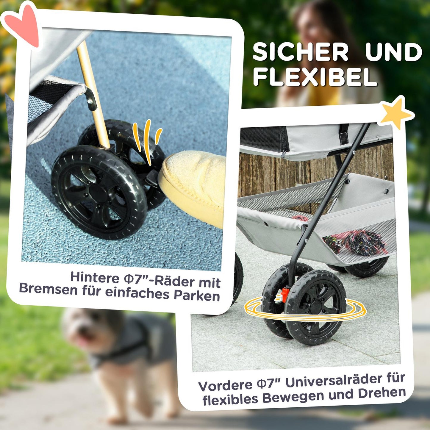 Collapsible 3-in-1 pet stroller with 360° wheels, light grey