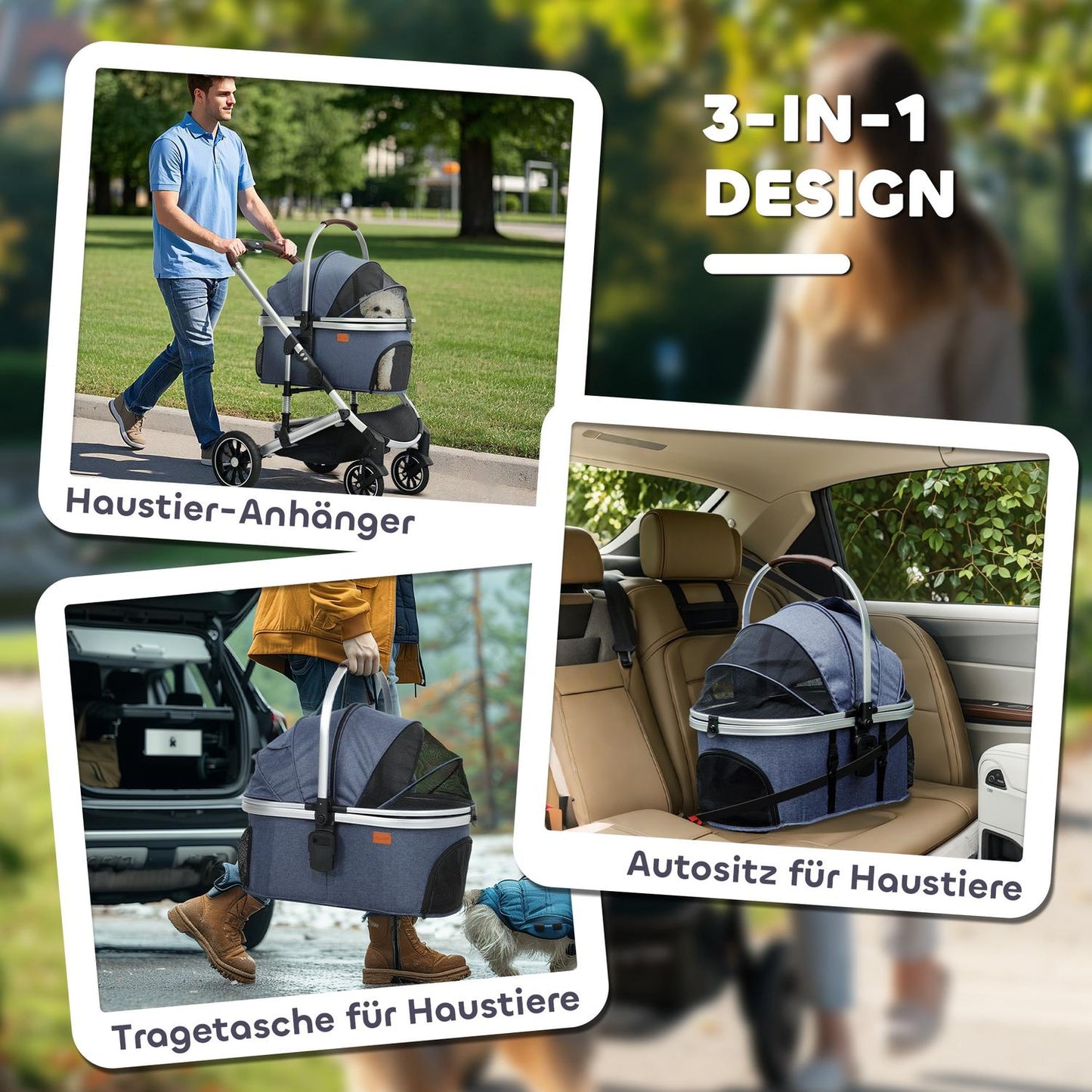 Collapsible 3-in-1 pet stroller, 10 kg capacity, blue