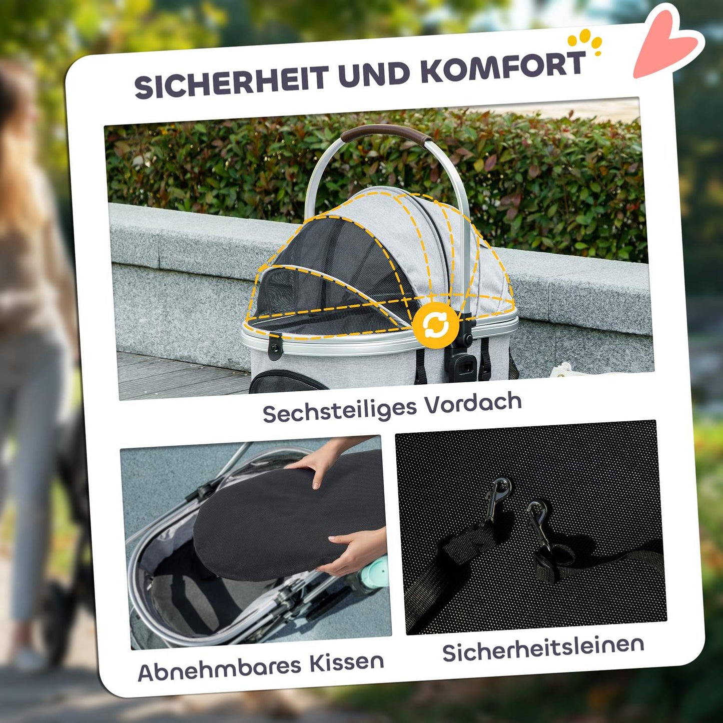 Collapsible 3-in-1 pet carriage with cushions and mesh window