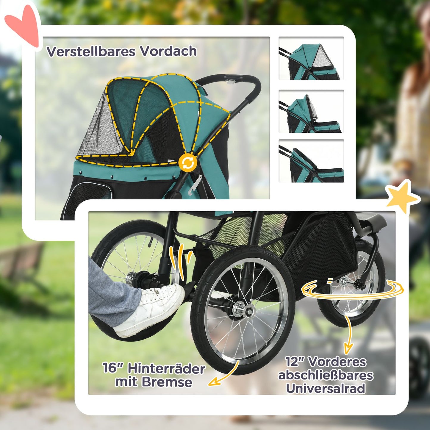 Folding pet stroller with all-terrain wheels, 20 kg capacity