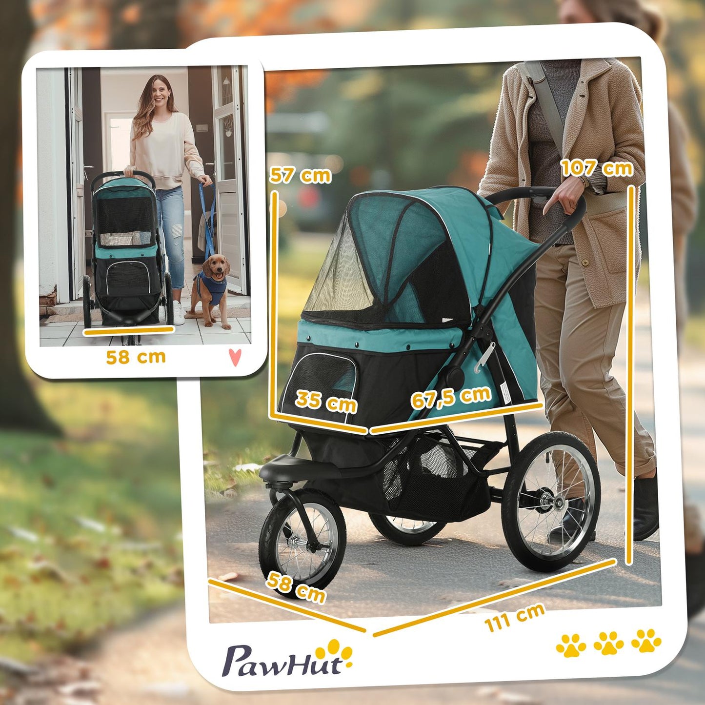 Folding pet stroller with all-terrain wheels, 20 kg capacity