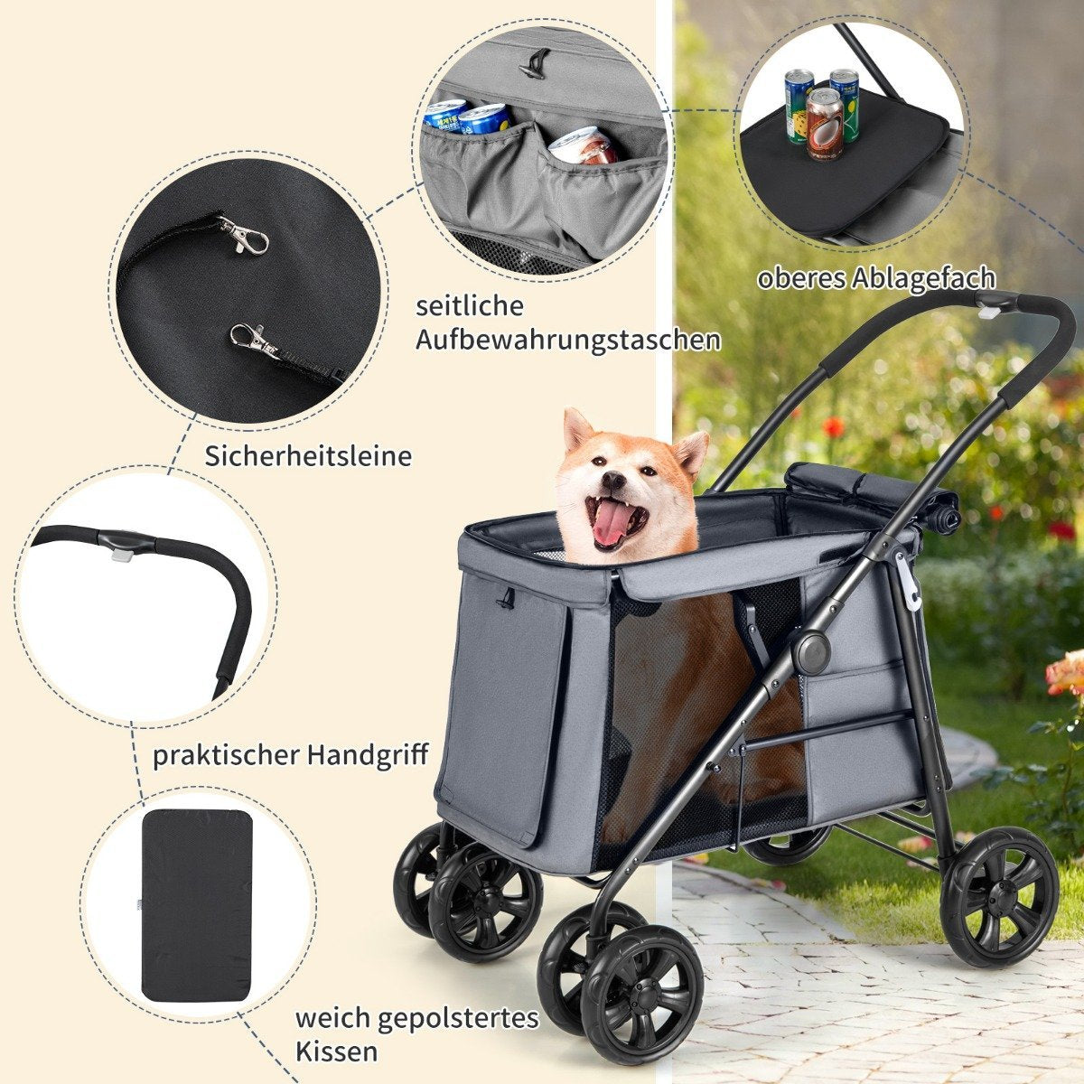 Dog stroller dog buggy foldable up to 40 kg dog trolley with cushion 106 x 63 x 103 cm gray