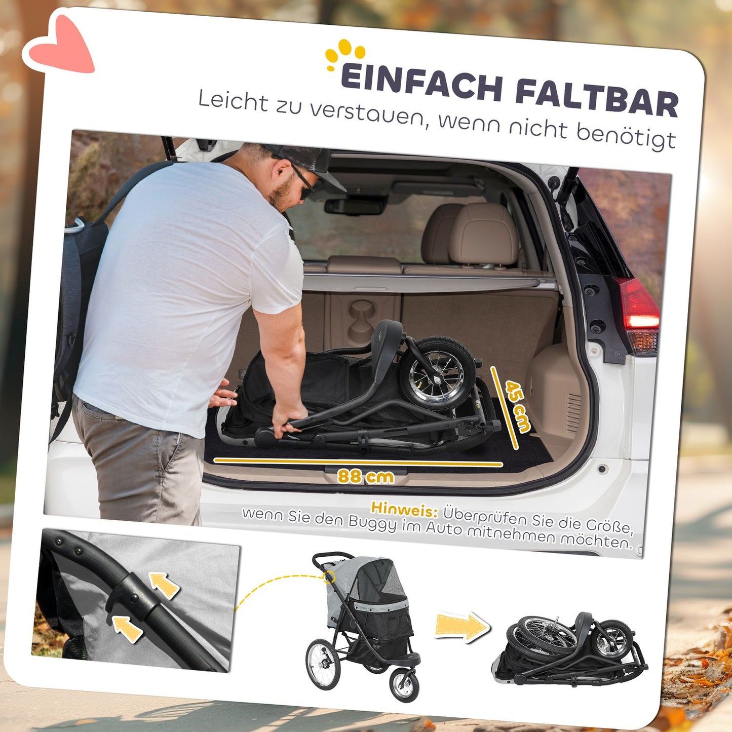Collapsible dog and cat stroller, 3-wheeled, up to 10 kg, grey