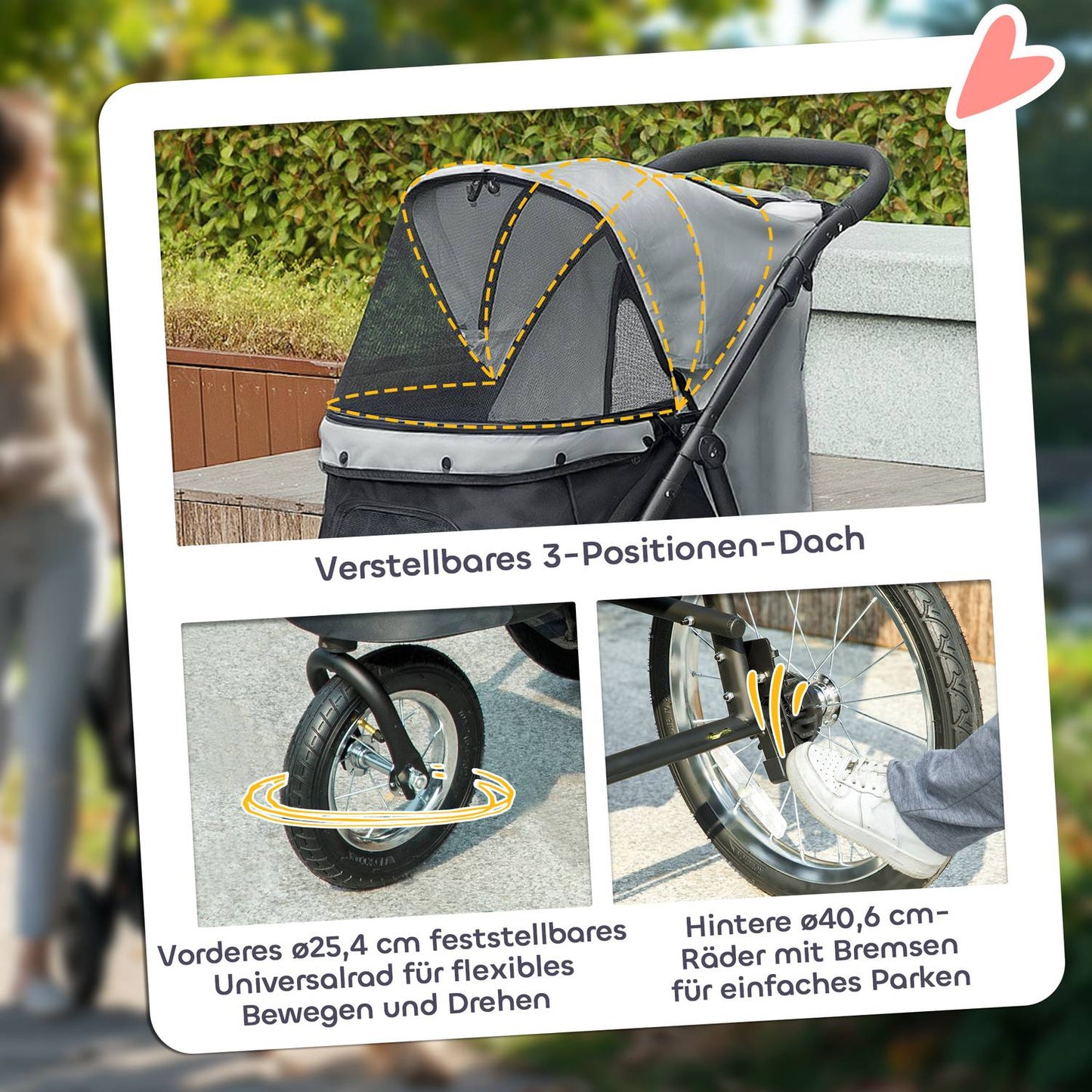 Collapsible dog and cat stroller, 3-wheeled, up to 10 kg, grey