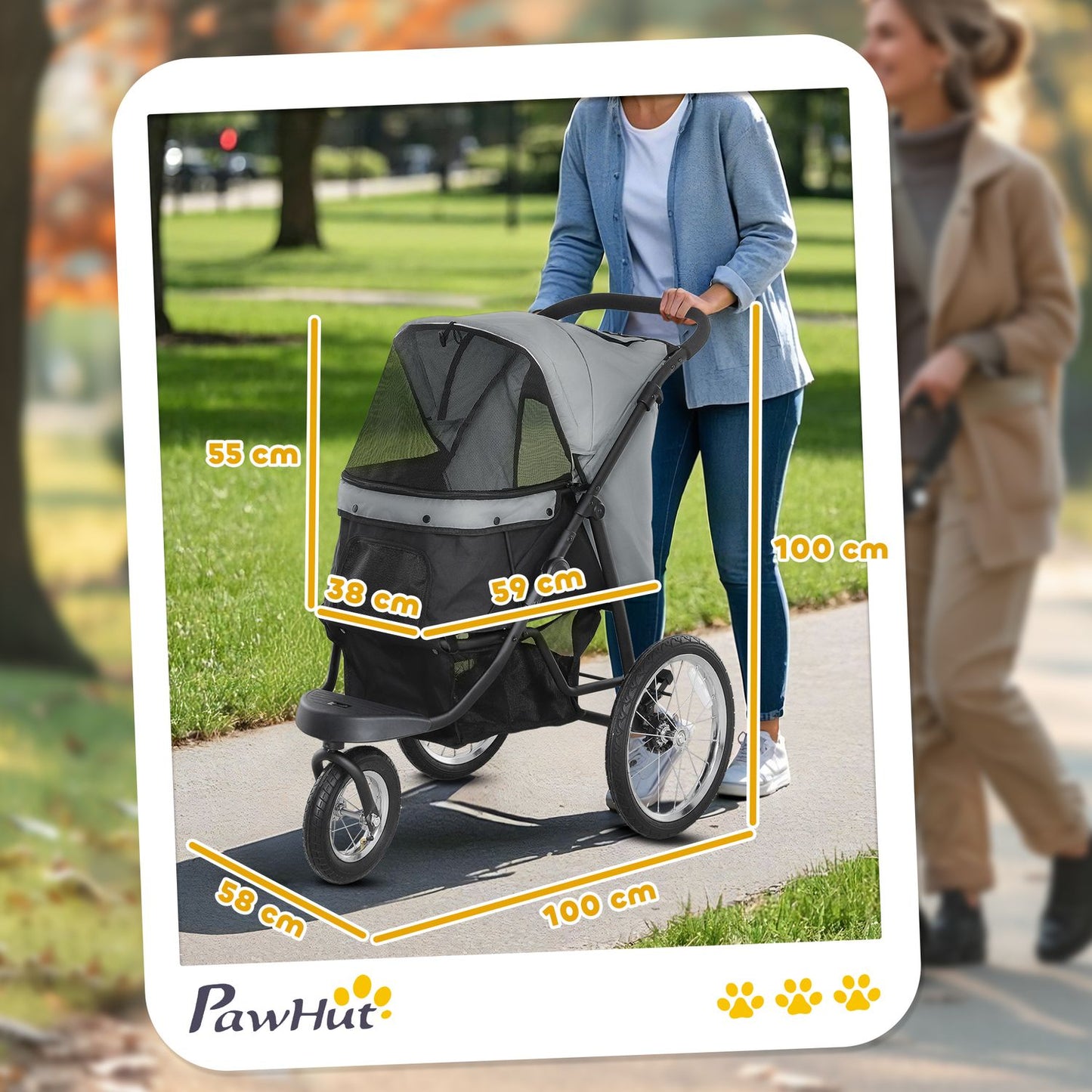 Collapsible dog and cat stroller, 3-wheeled, up to 10 kg, grey
