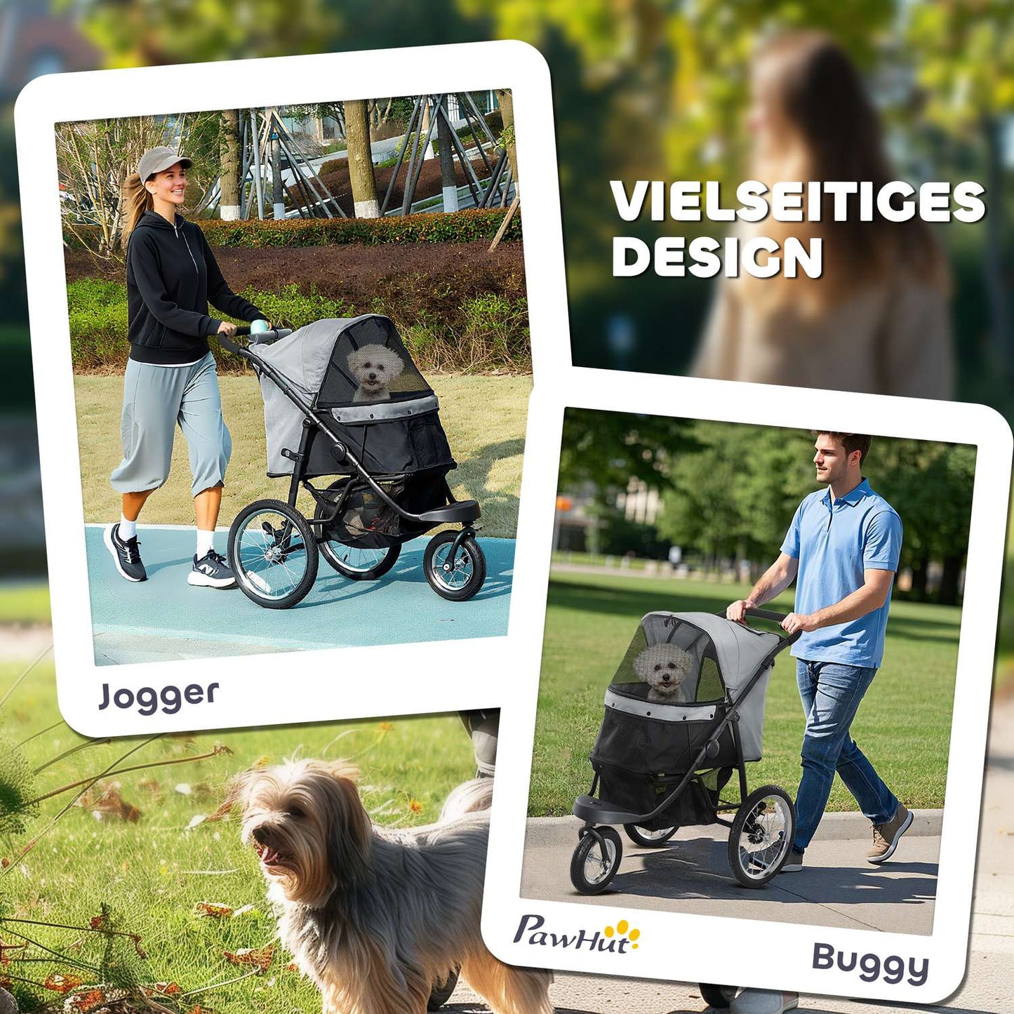 Collapsible dog and cat stroller, 3-wheeled, up to 10 kg, grey