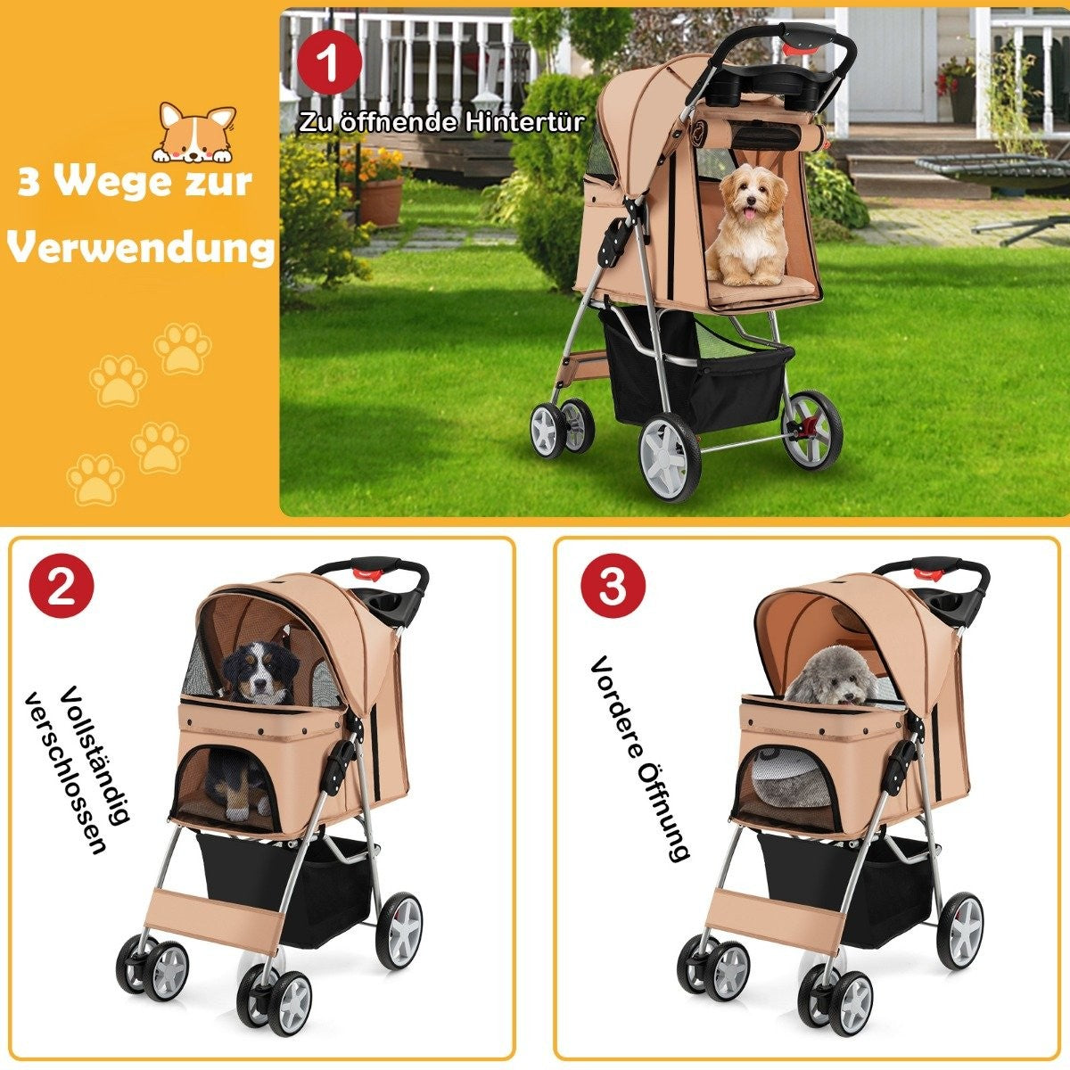 Dog stroller pets buggy up to 15 kg 81 x 45 x 101 cm beige