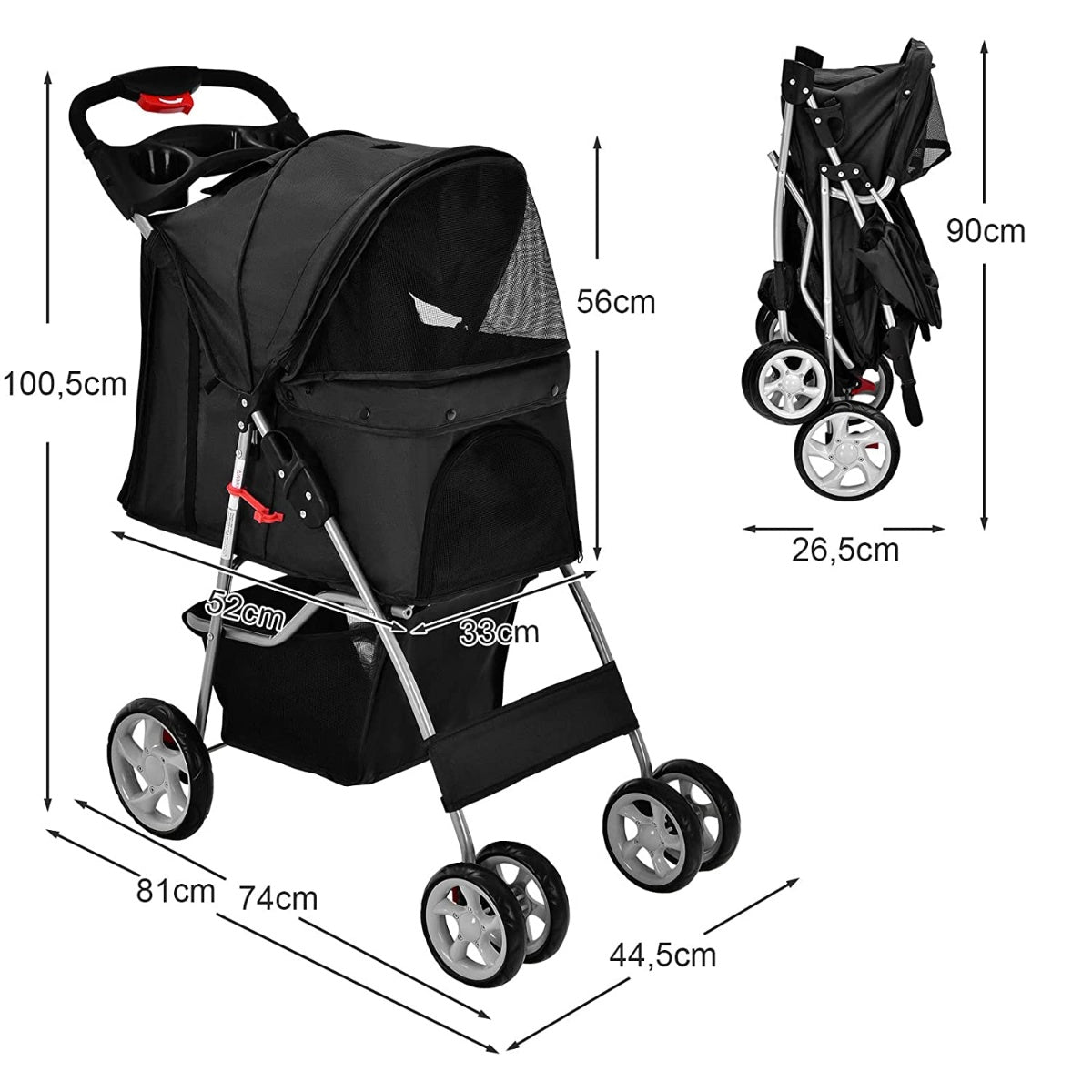 Dog stroller pets buggy up to 15 kg 81 x 45 x 101 cm black