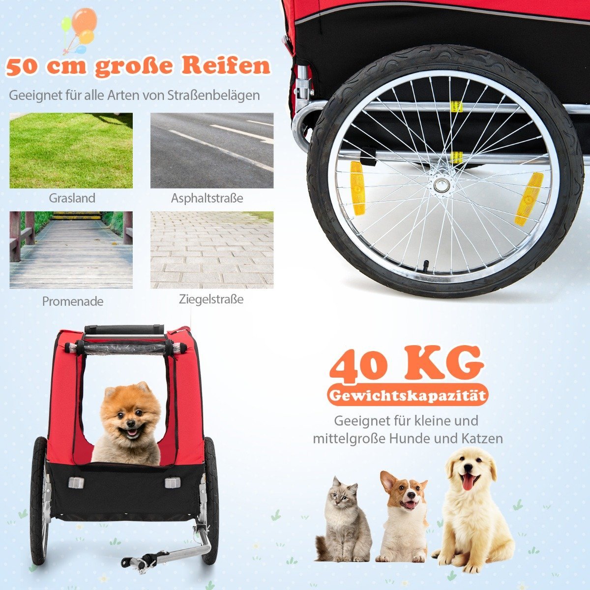 Dog trailer for bicycle Pet trailer for bicycle 40 kg load capacity red