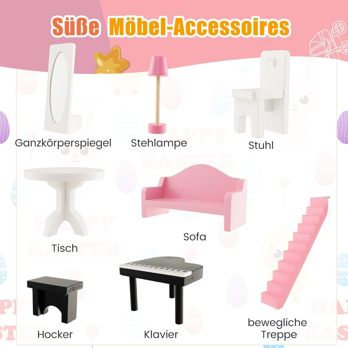 Dollhouse wooden 2-story dollhouse with accessories & furniture 81 x 30 x 86 cm white