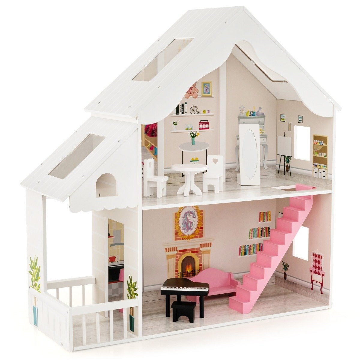 Dollhouse wooden 2-story dollhouse with accessories & furniture 81 x 30 x 86 cm white