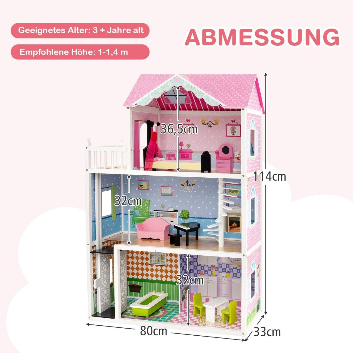 Dollhouse wooden dollhouse with furniture & accessories 3 tier dollhouse toy 80 x 33 x 114 cm