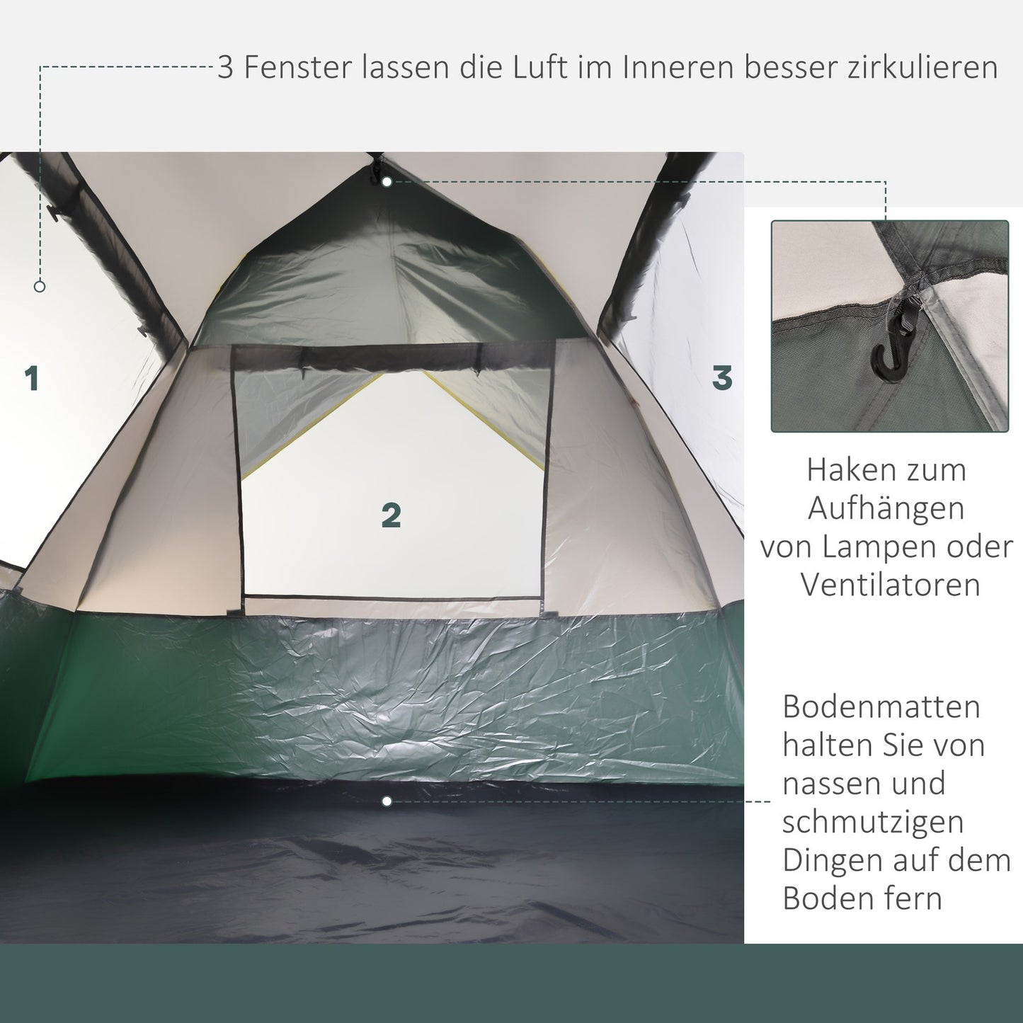 3-person dome tent, waterproof polyester, green, 205x195x135cm