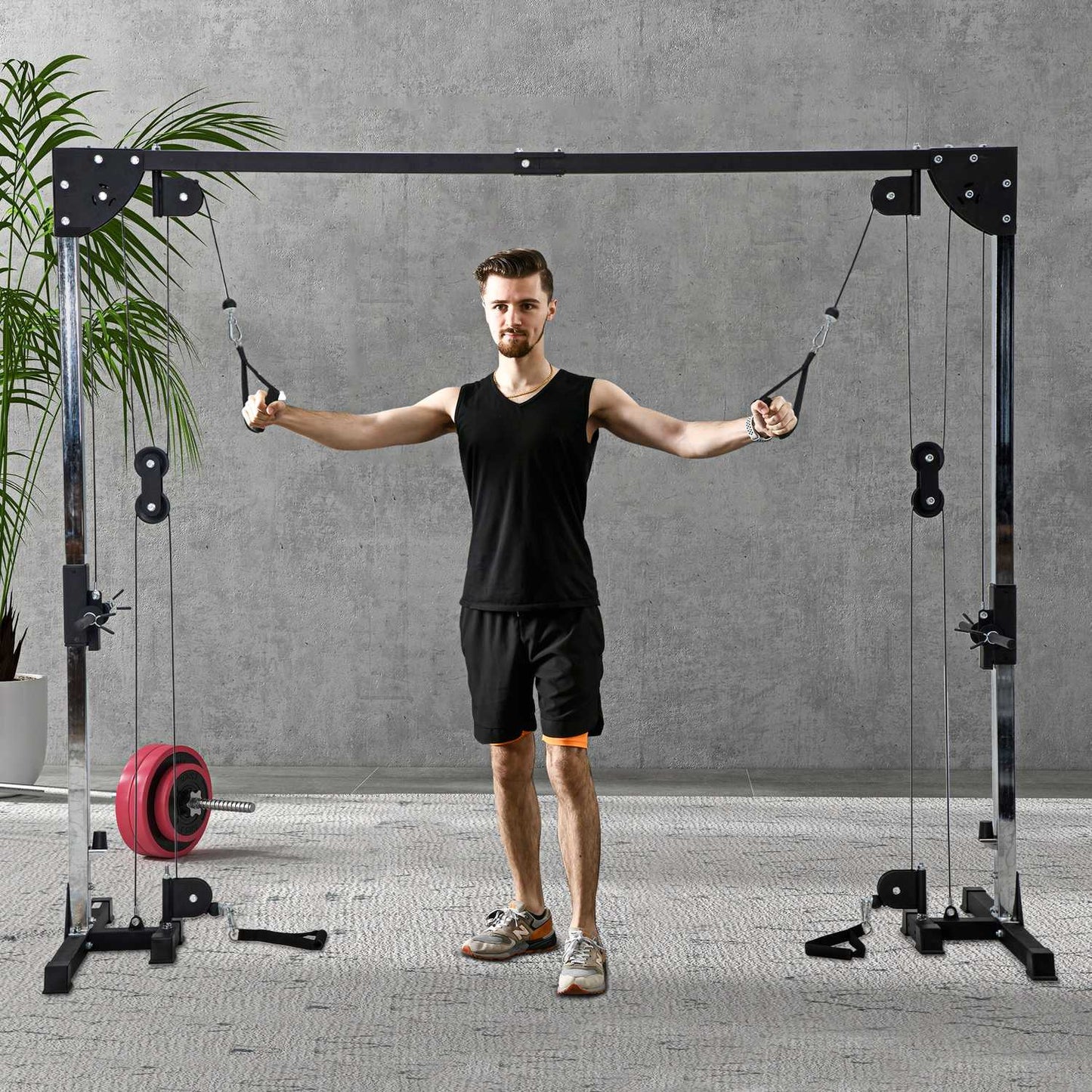 Domowa stacja zasilająca z linką, obciążenie do 50 kg na stronę, stacja z linką i uchwytami, wolnostojąca wieża kablowa, wieża kablowa do ćwiczeń w domowej siłowni 245 x 207 cm |