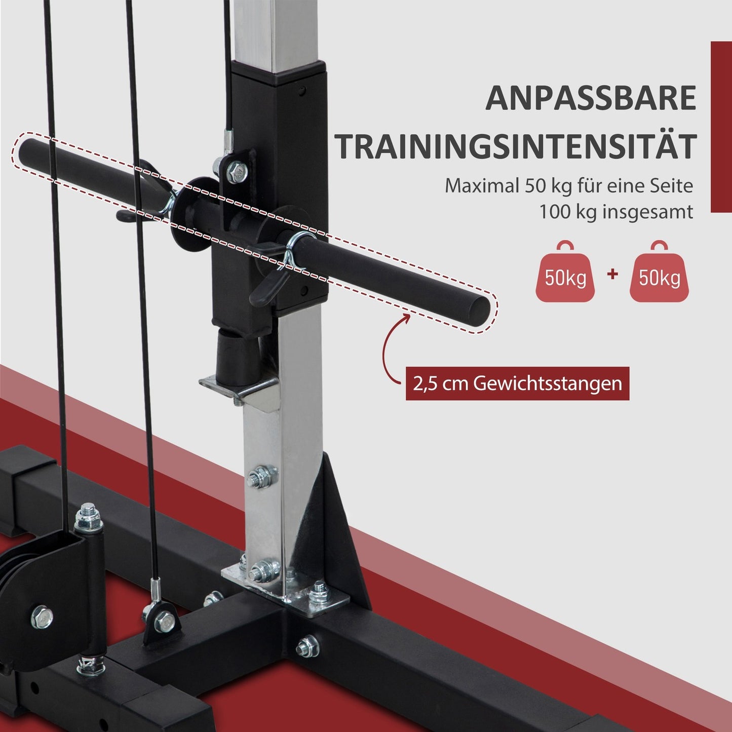 Domowa stacja zasilająca z linką, obciążenie do 50 kg na stronę, stacja z linką i uchwytami, wolnostojąca wieża kablowa, wieża kablowa do ćwiczeń w domowej siłowni 245 x 207 cm |
