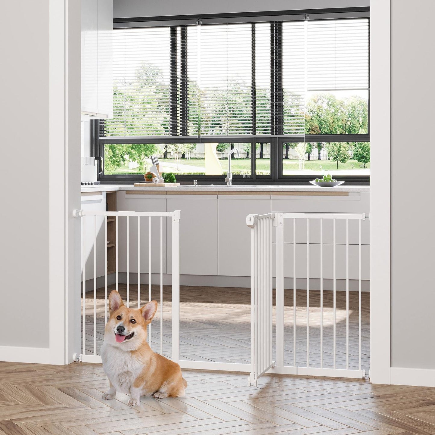 Adjustable Metal Pet Gate - White, No Drill, 3 Extensions