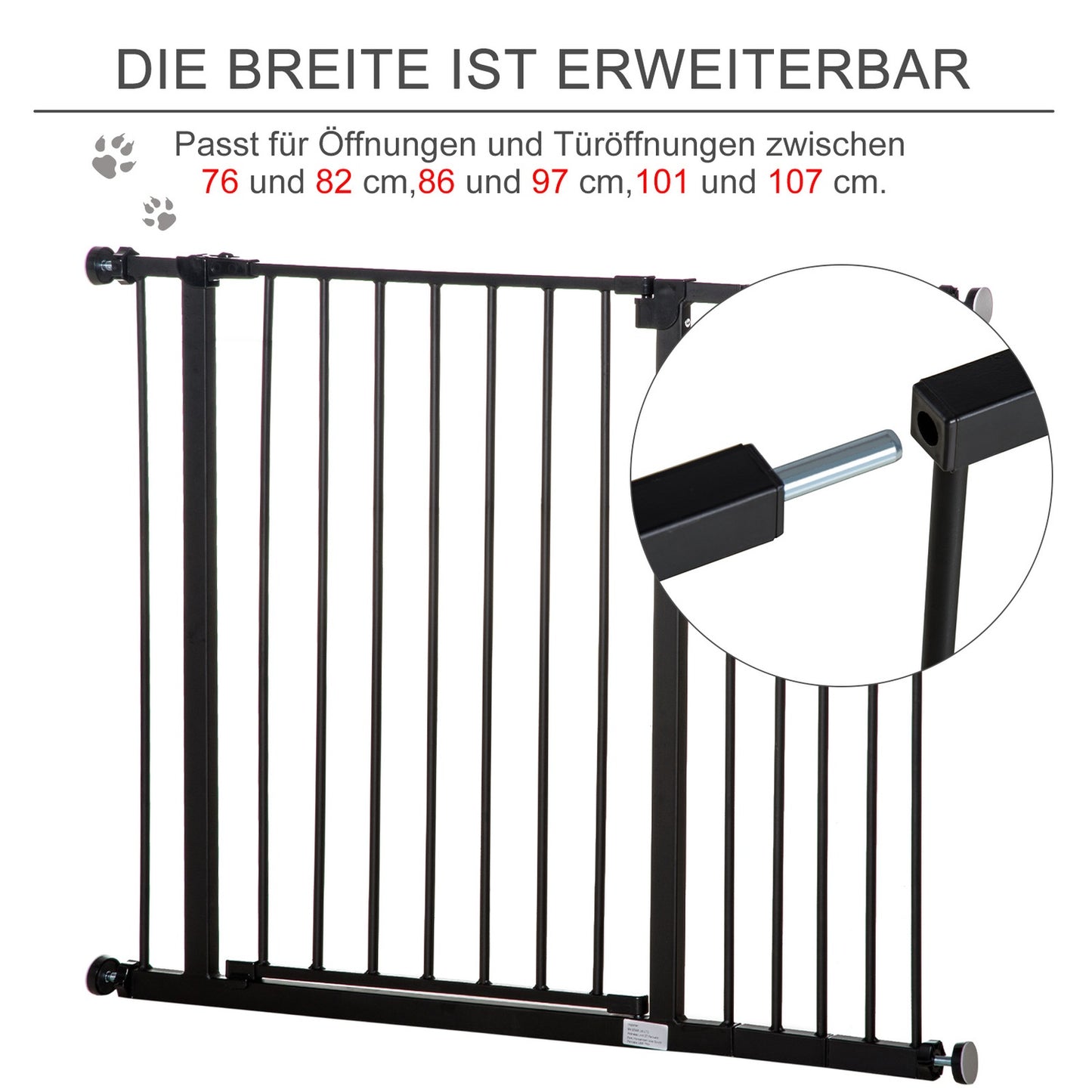 Pet Dog Gate - Black Steel, No-Drill, 76-107x76cm
