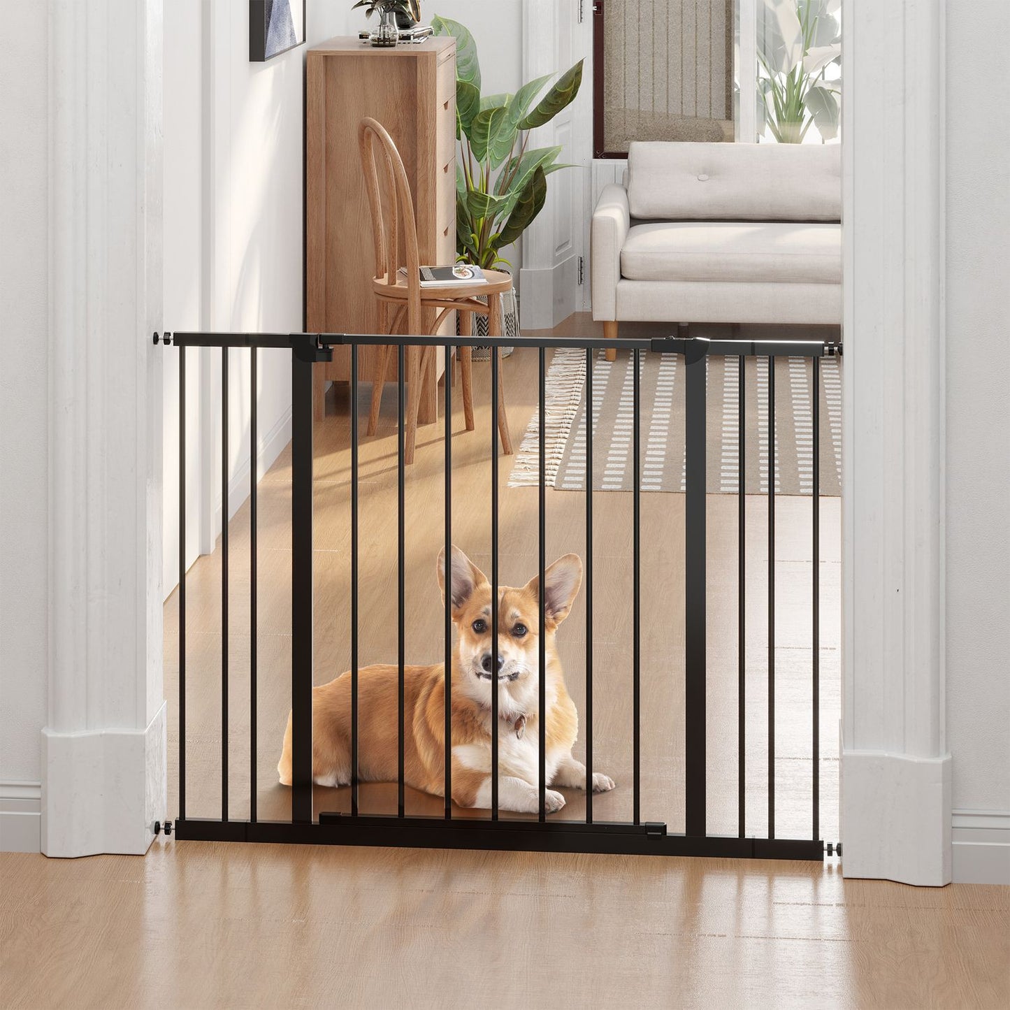 Pet Dog Gate - Black Steel, No-Drill, 76-107x76cm