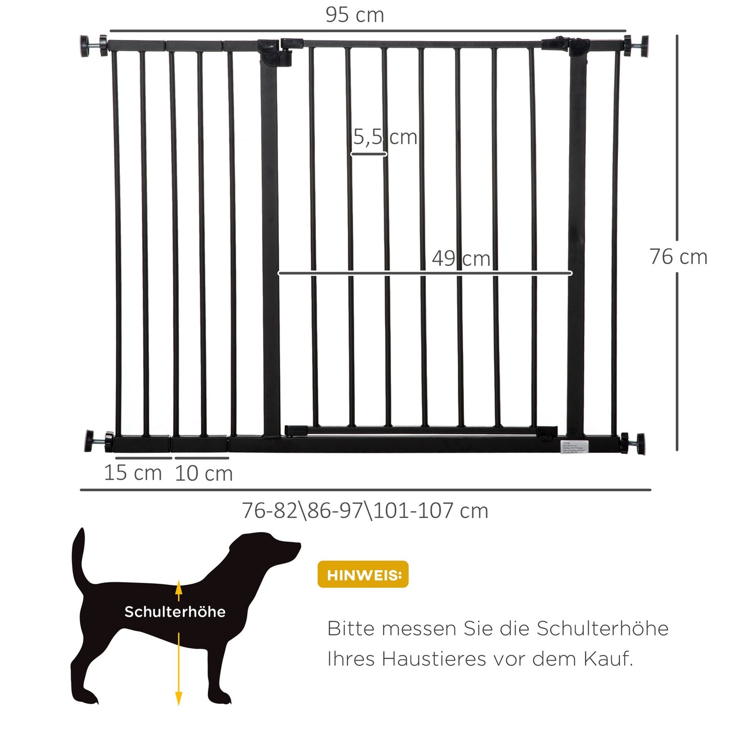 Pet Dog Gate - Black Steel, No-Drill, 76-107x76cm