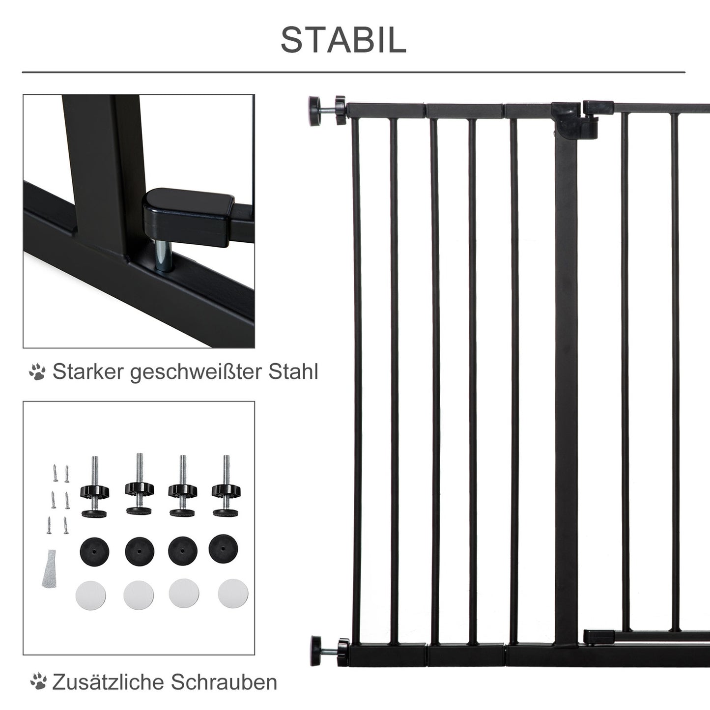 Pet Dog Gate - Black Steel, No-Drill, 76-107x76cm
